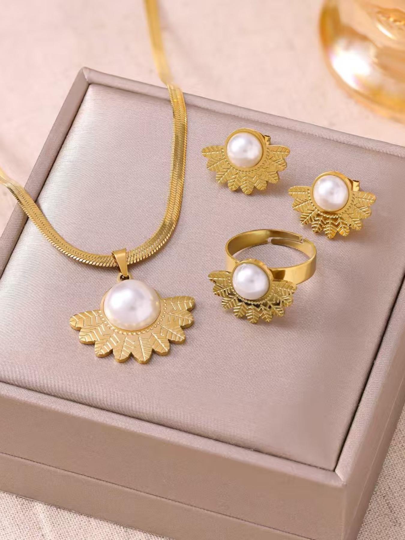 3-Piece French Vintage Stainless Steel Jewelry Set for Women, Elegant Necklace Earrings Ring Set, Luxury High-End Accessories