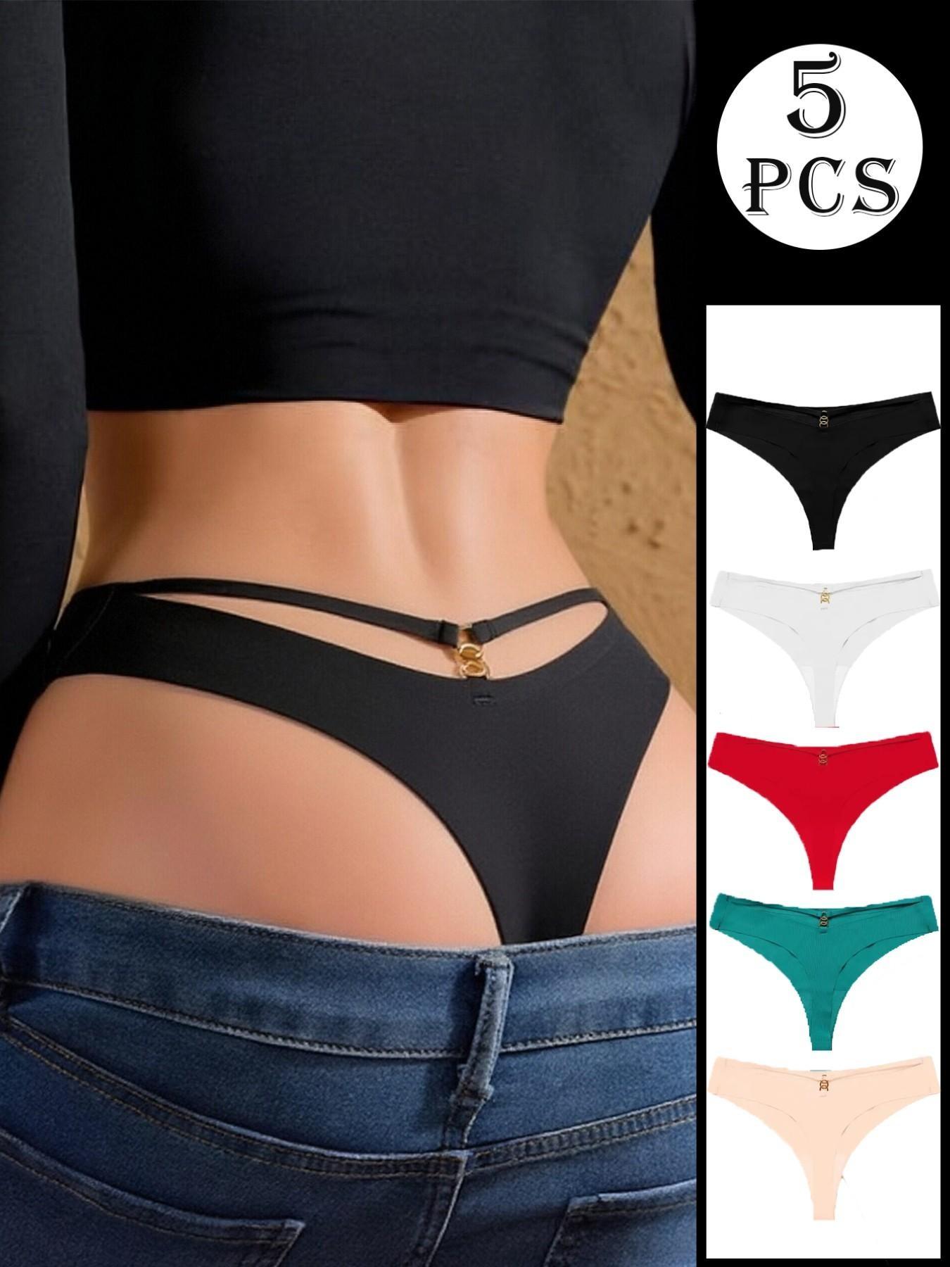Women's Low Waist Underwear Set, Drop Waist Knicker, Fun Print Metal Ring Design, Fashion Fit Sexy Hot Girl Style Panties, Pack of 5