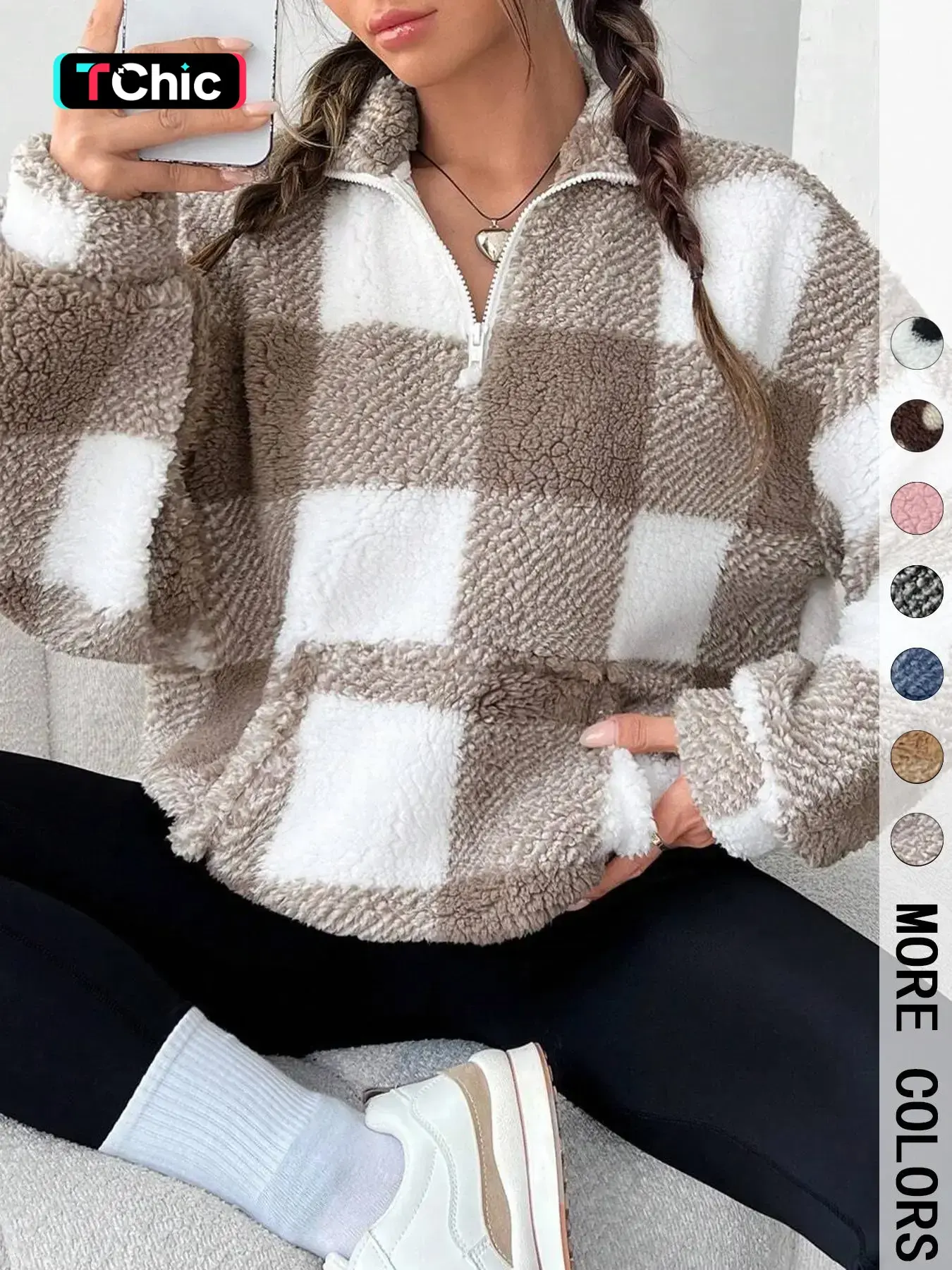 Women's Plaid Print Half Zip Drop Shoulder Fleece Sweatshirt, Casual Long Sleeve Stand Collar Pullover for Spring & Fall, Ladies Clothes for Daily Wear