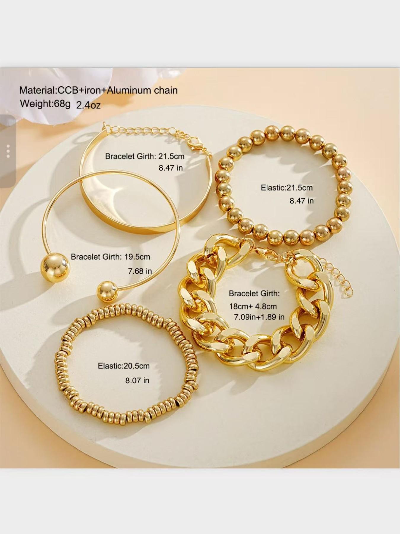 5-In-1 Vintage Punk Style Bracelet Set, Lightweight Ccb Beaded, Chain Bangle, Elastic Disc, Perfect for Women's Events & Gifts