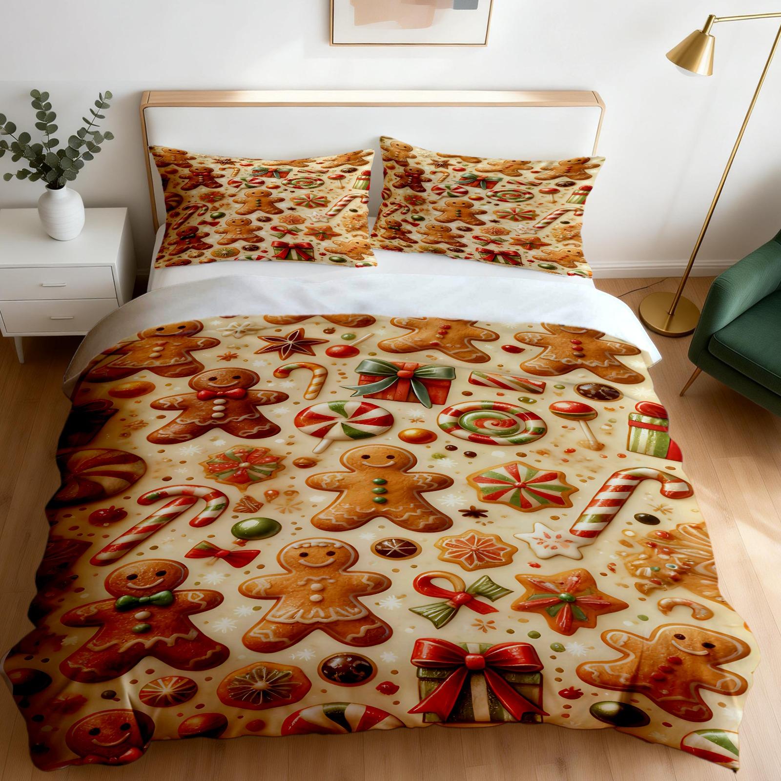 2/3 Pcs Christmas Coquette Bow Duvet Cover Set, Cute Gingerbread Man & Christmas Tree Print Bedding, Soft and Comfortable Fabric, High-Aesthetic Girl's Bedroom Decor, Ideal Christmas Holiday Gift, Filling Not Included