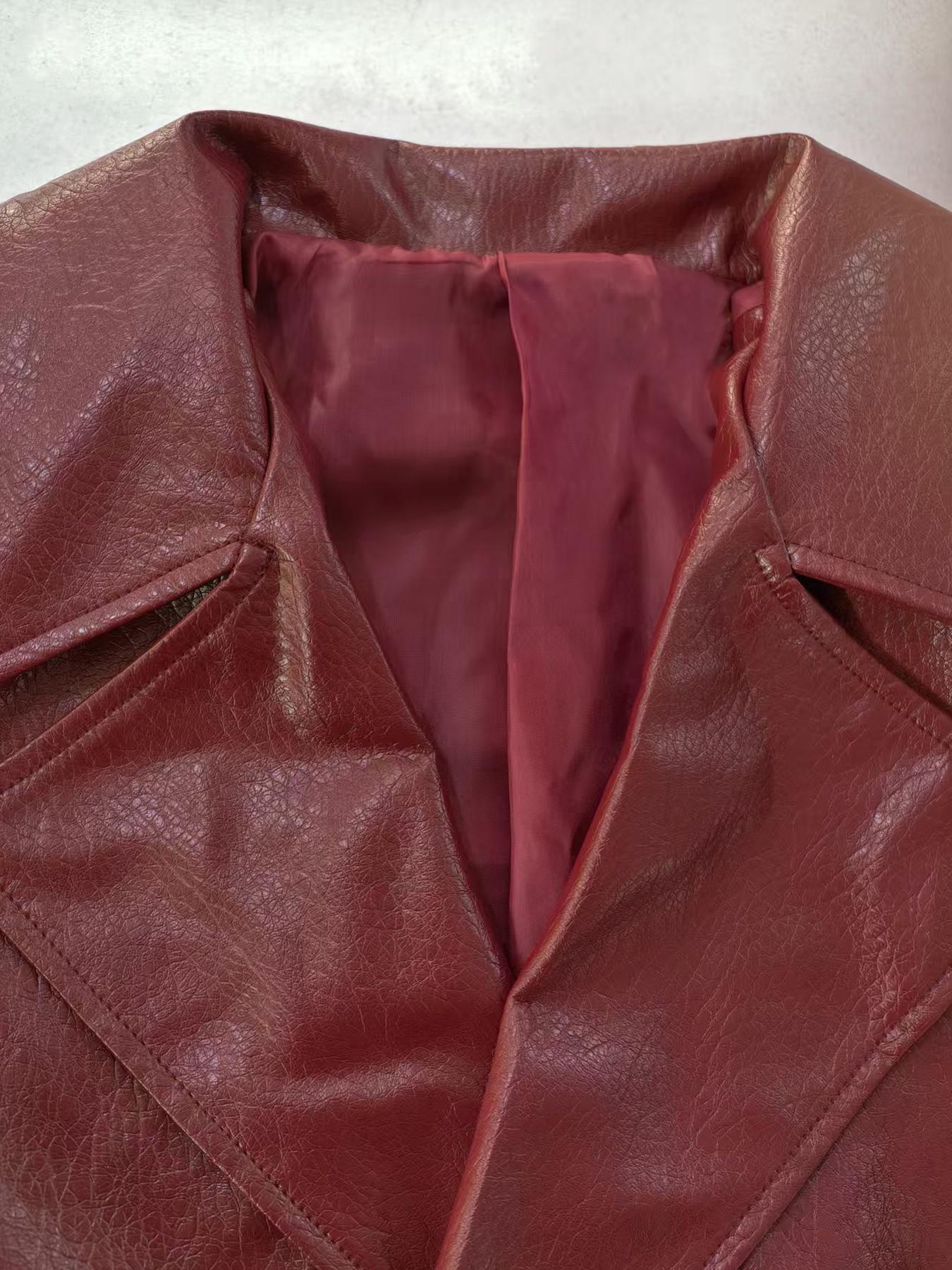 Women's Deep V PU Leather Jacket with Wide Waist Belt, Stylish Casual Outerwear for All Seasons, Perfect for Daily Wear & Trendy