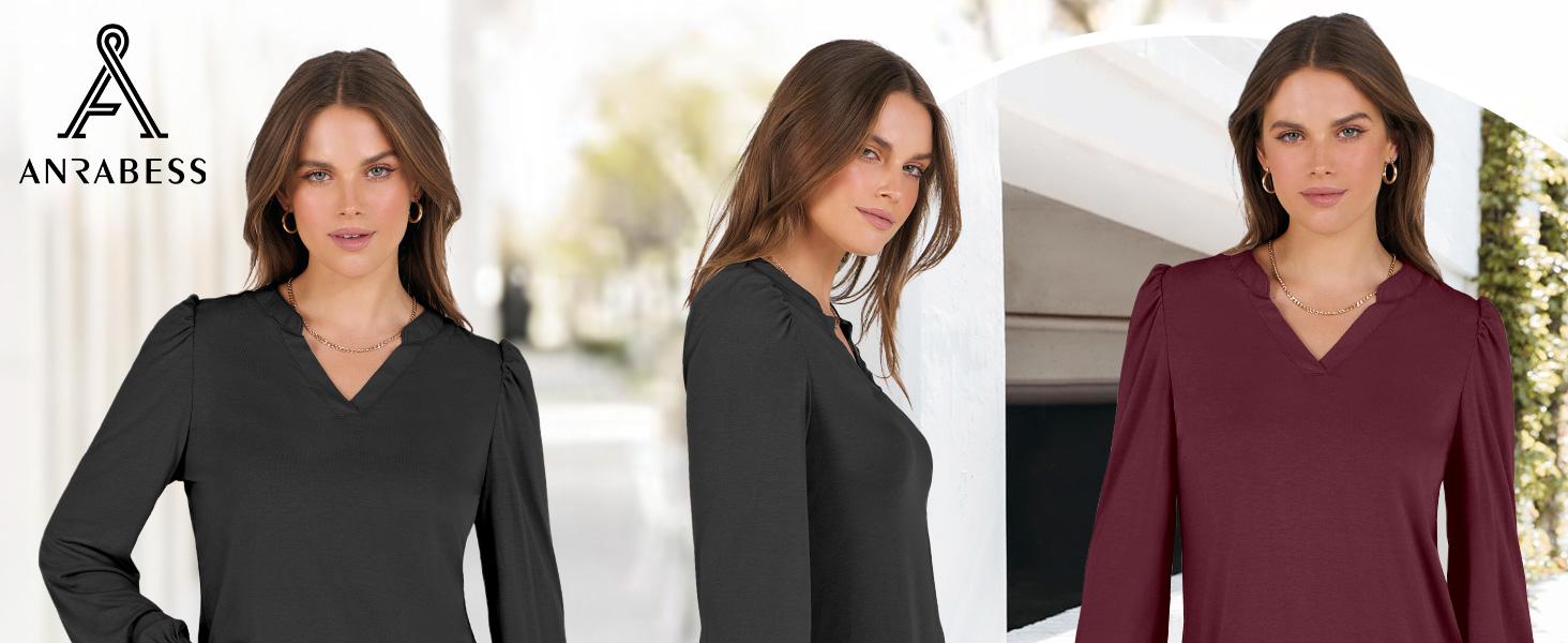 ANRABESS Women's Puff Long Sleeve Shirts V Neck Loose T-Shirts Dressy Casual Work Blouses 2025 Fall Tops Trendy Clothes Outfits Womenswear
