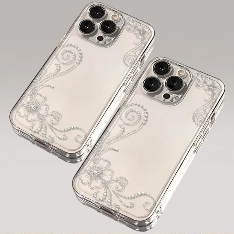 Women's Elegant Pearl Floral Swirl 2D Pattern Phone Case Modest Street Art Design, Transparent Scratch-Resistant Shockproof Cover, Slim Soft TPU
