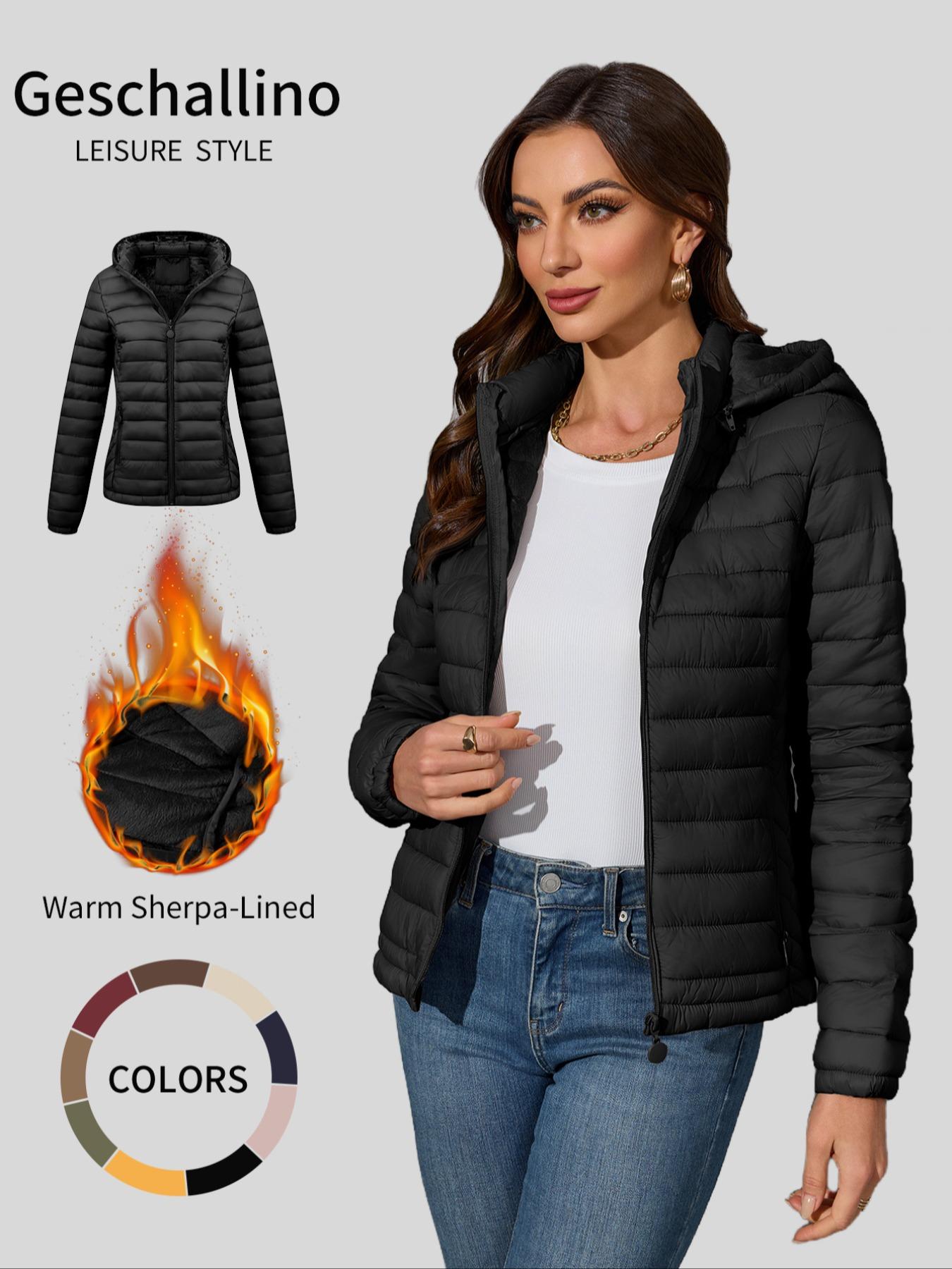 Women's Winter Cotton Jacket, Casual Fitted Hooded Coat with Pockets and Zipper, Warm Lightweight Commuter Outerwear for Fall & Winter