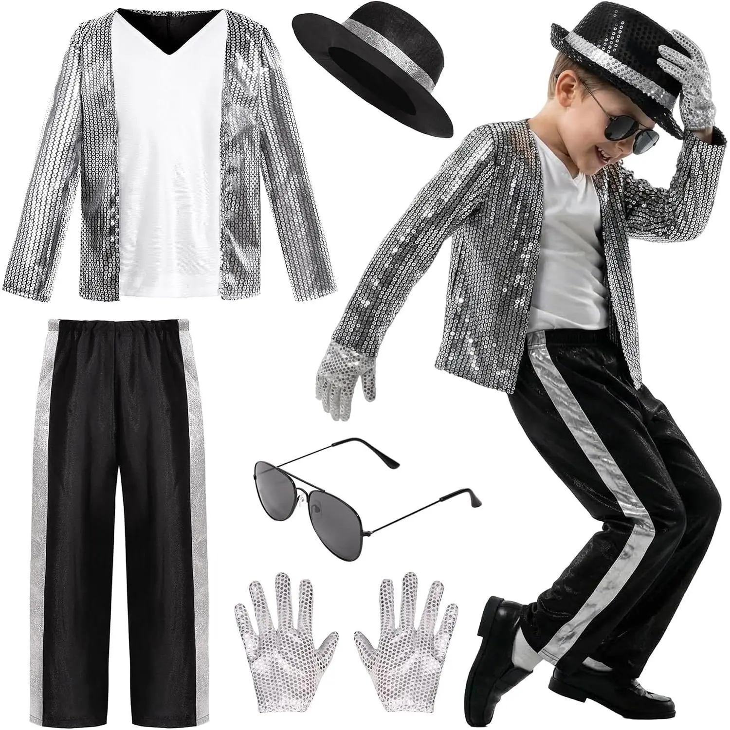 Kids Sequin Costume Set, Boys Girls Silver Sequin Jacket Black Stripe Pants Hat Gloves Sunglasses, Pop Star King of Pop Cosplay Outfit for Halloween Party Dress Up