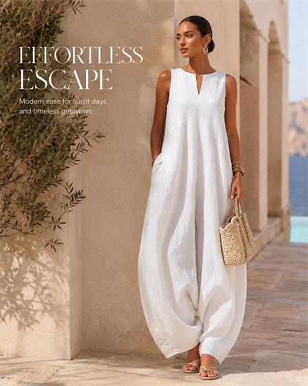 Women’s Solid Color Minimalist Elegant Sleeveless V-Neck Wide Leg Jumpsuit, Casual Loose Fit One-Piece Outfit, Lightweight Comfortable Lounge Set for Daily Wear, Travel, Vacation, Weekend and Summer Fashion