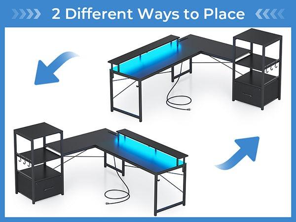 Sikaic 51 Inches Reversible LED Lights L Shaped Gaming Desk With Power Outlets & Fabric File Drawer Monitor Stand And Hooks Computer Modern