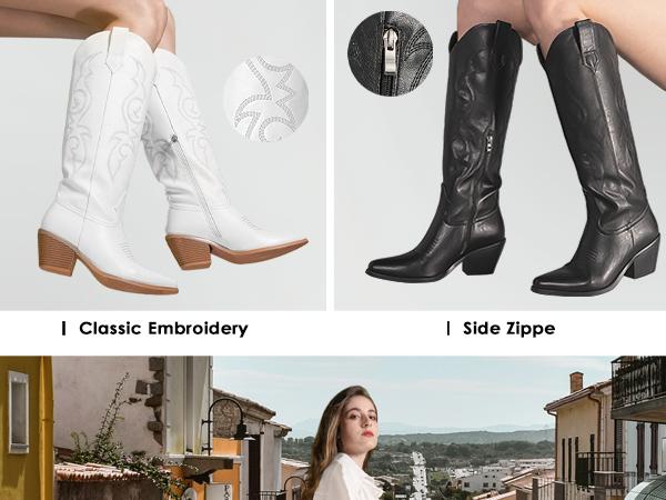 Cowboy Boots for Women - Wide Calf Cowgirl Boots, Women Knee High Western Boots, Ladies Tall Boots with Classic Embroidery and Side Zipper, Retro Classic Country Boots Pull On for Ladies