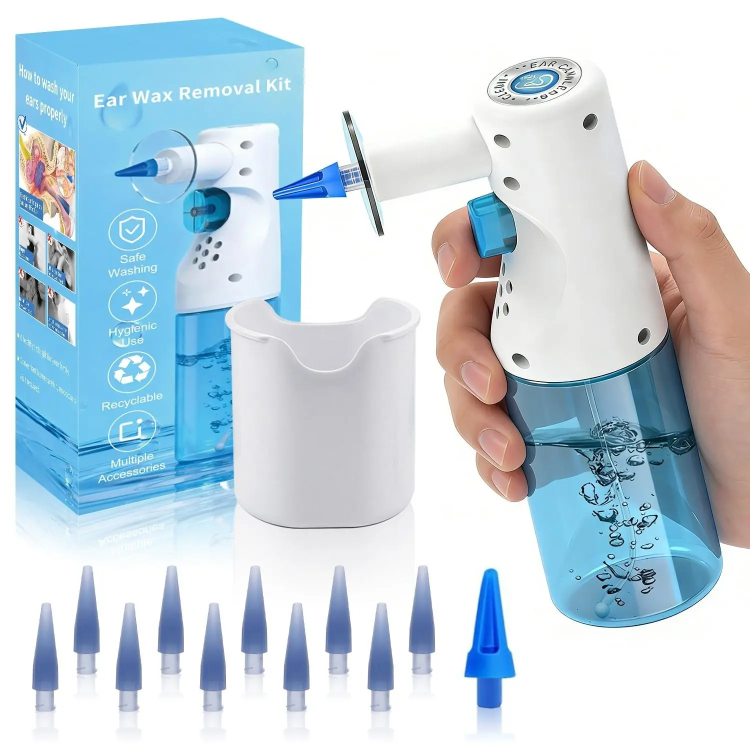 Home Ear Wax Removal Irrigation Kit | Safe Ear Cleaning Washer Bottle, Avoid Q‑tip Ear Damage, Reusable Ear Flush Tool with Multiple Replacement Tips for Household Ear Care