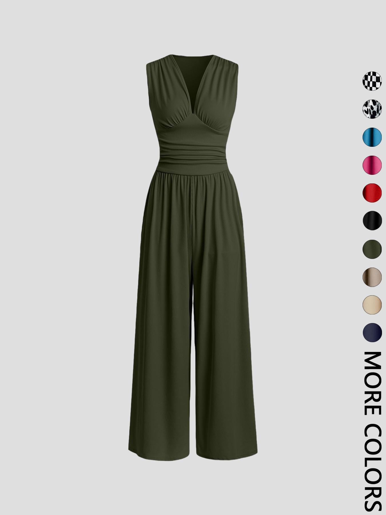 Women's Plain Ruched Deep V Neck Jumpsuit, Elegant Sleeveless Wide Leg Jumpsuit for Summer, Ladies Clothes for Beach Holiday Vacation Style