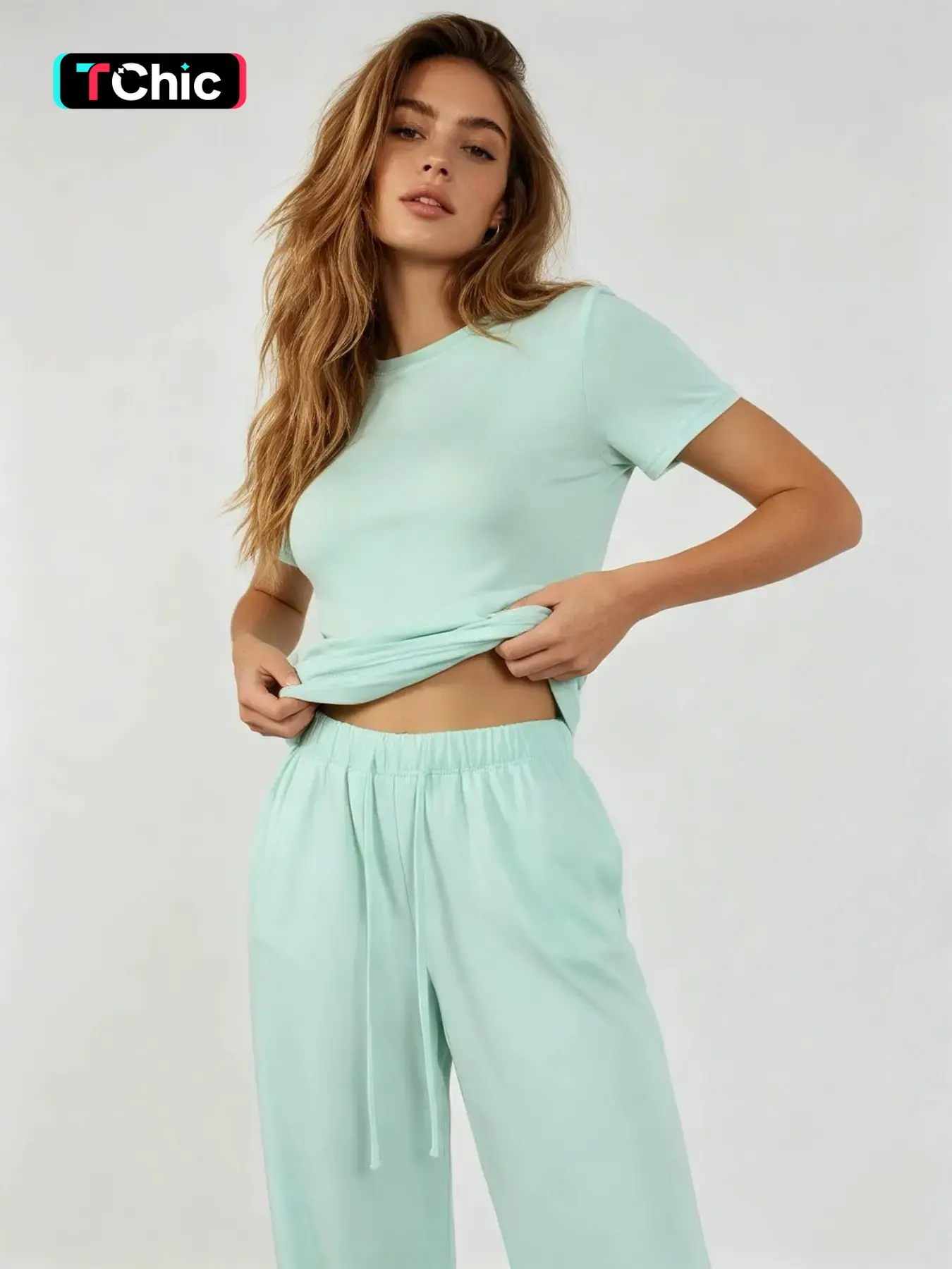 Women's Fall Four-Season New Year Casual Comfortable Knit Set, Home Leisure Outdoor Sports Short Sleeve Long Pants Suit