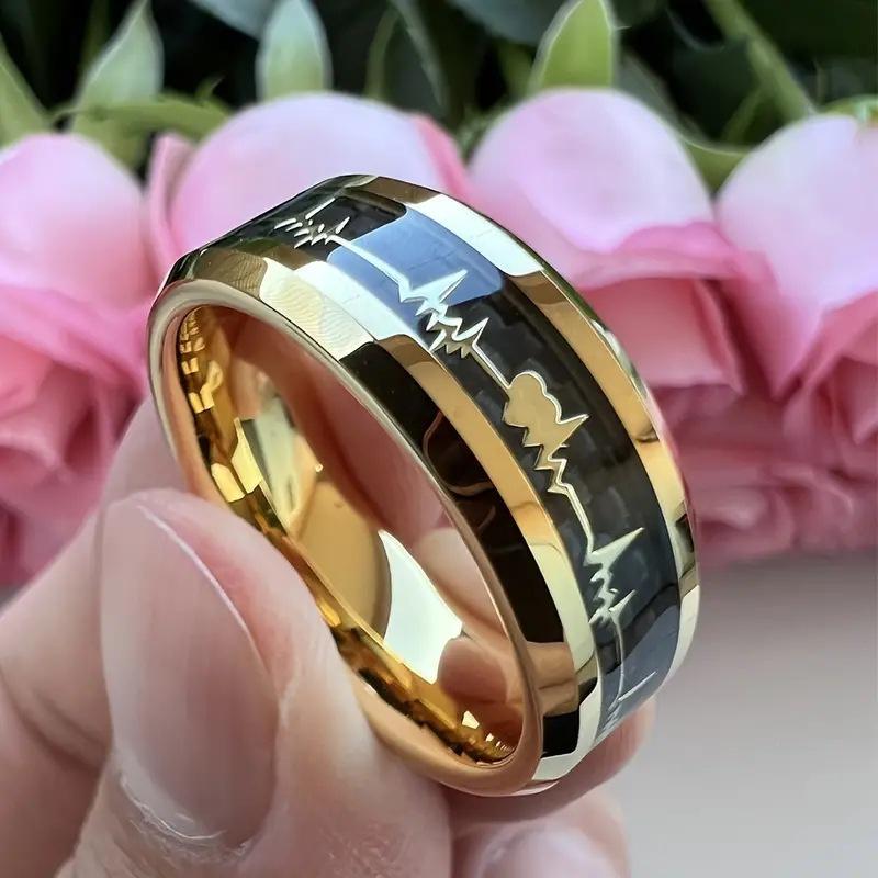 8Mm Beveled Stainless Steel Ring With Inlaid Black Carbon Fiber And Gold Heartbeat Pattern, Minimalist Daily Wear Statement Band Jewelry