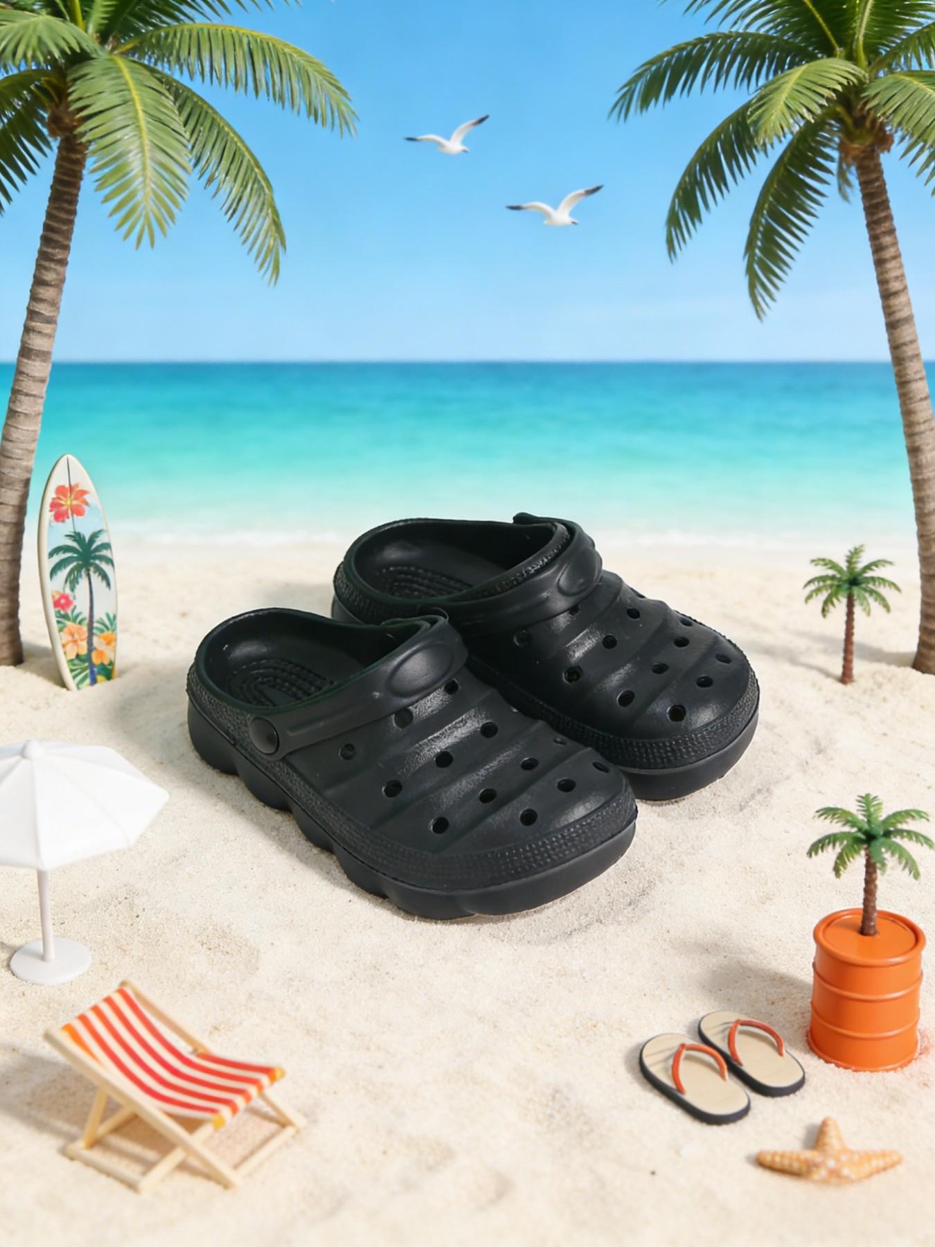 Summer New Pure Color Holey Shoes, Cute Thick Sole Anti-Slip Comfortable Breathable Closed-Toe Kids Sandals, Beach Resort Indoor Outdoor Slippers, Eva Slippers, Casual Beach Slippers