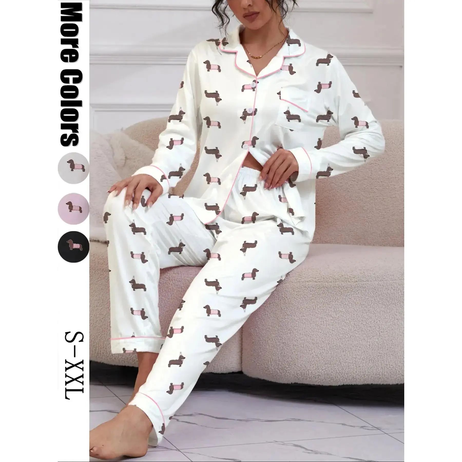 Women's Cute Sausage Dog Print Pajama Set, Long Sleeve Lapel Shirt & Elastic Pants, Casual Fall & Winter Sleepwear Loungewear Homewear Pjs