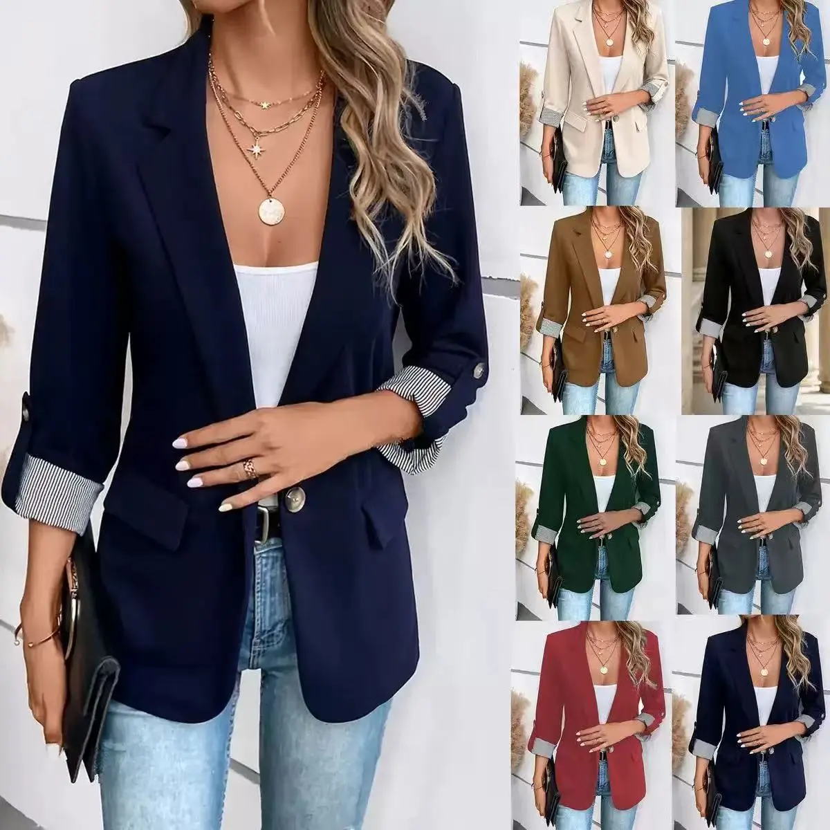 Women’s Fitted Comfortable Solid 3/4 Sleeve Open Front Lapel Blazer Jacket - Longer Length Rolled Cuffs Workwear Coat, Multi-Size Layer for Office Business, Spring & Fall Wear, Basic