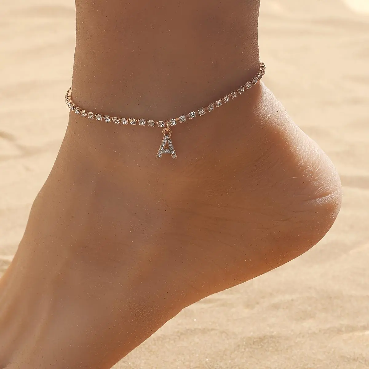 Women's Stainless Steel Hip Hop Anklet - A-Z Fashion Initial Charms, Cubic Zirconia, Synthetic Elegant Metal Coating Alloy Jewelry, Dainty Geometric Female Beach Accessory for Casual Use & Gifting