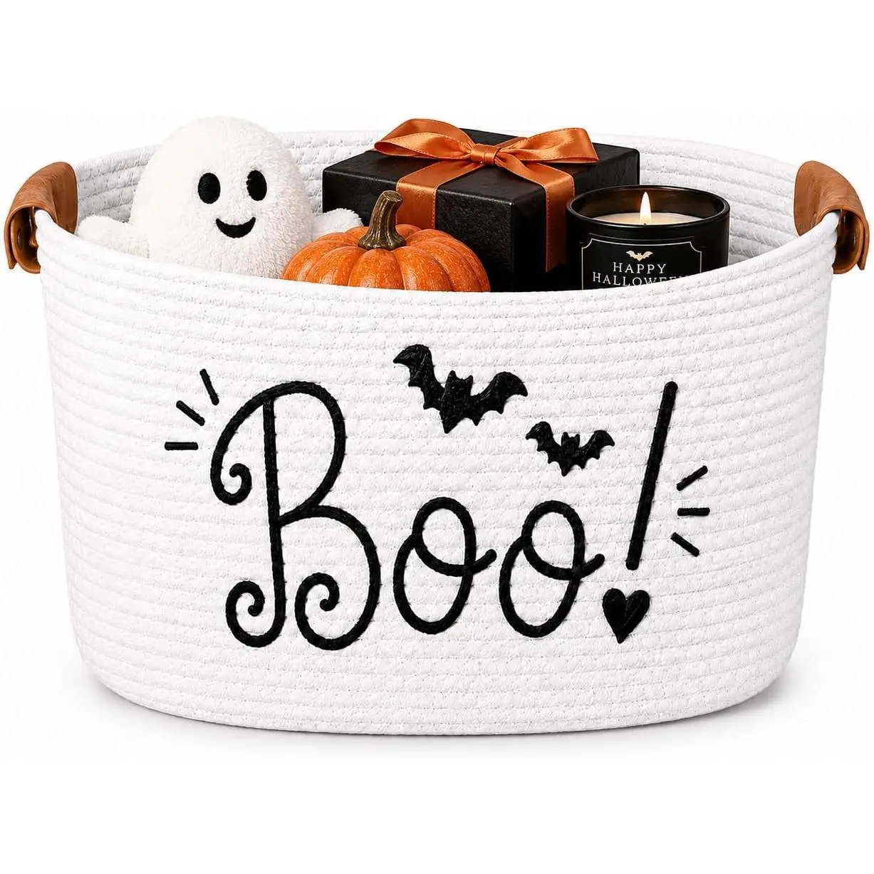 Large Halloween Gift Basket with Handles, Cotton Rope Ghost Embroidered Foldable Storage Basket for Wife, Her, and Adults, Spooky Halloween Decor, White, 15 x 10 x 9 Inch