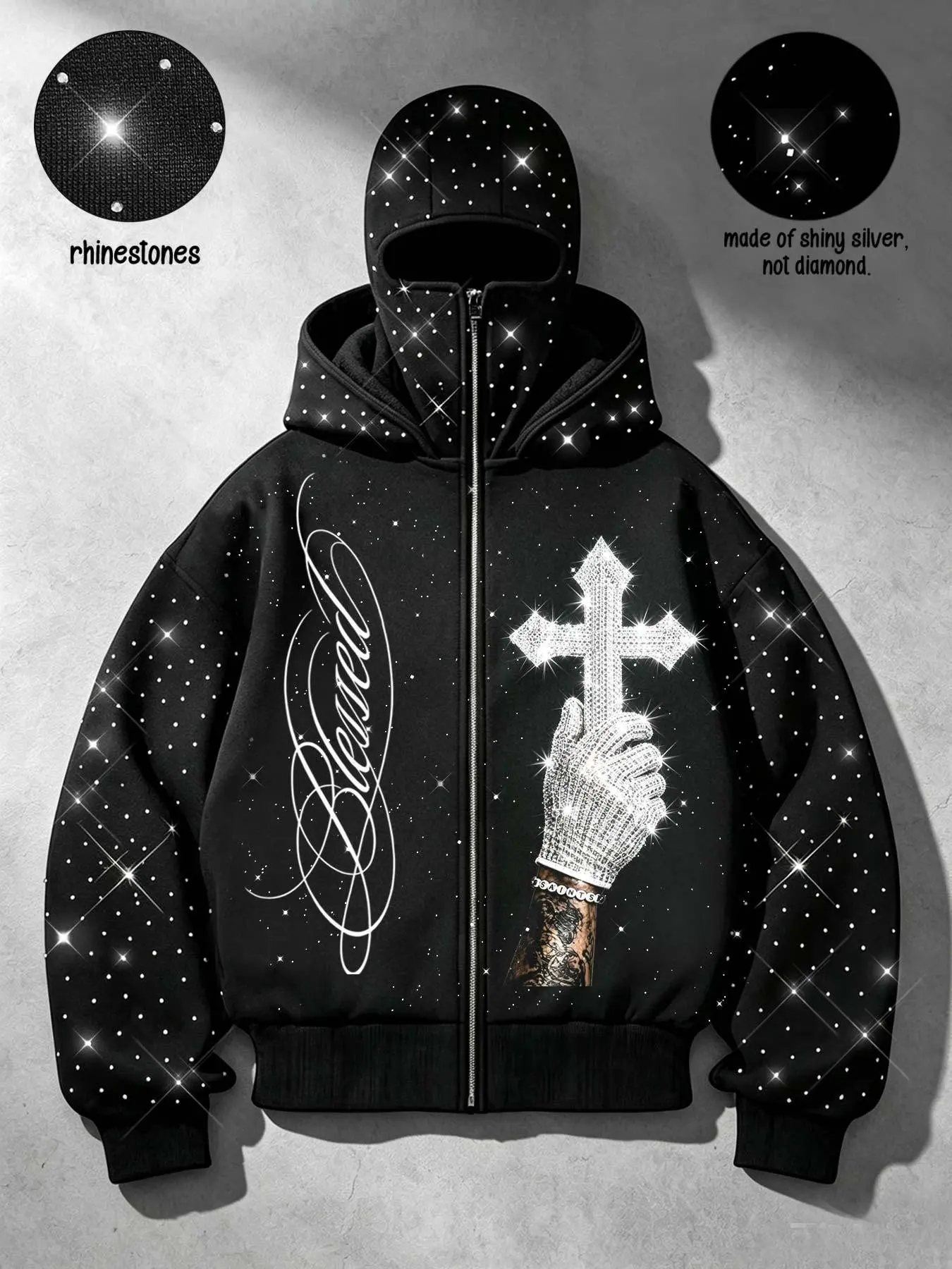 Y2K Rhinestone Balaclava Zip Up Hoodie, Unisex BLESSED Slogan Cross & Gloves Graphic Print, Techwear Shiny Diamond Hip Hop Streetwear Zip Jacket, Casual Hoodie Jacket