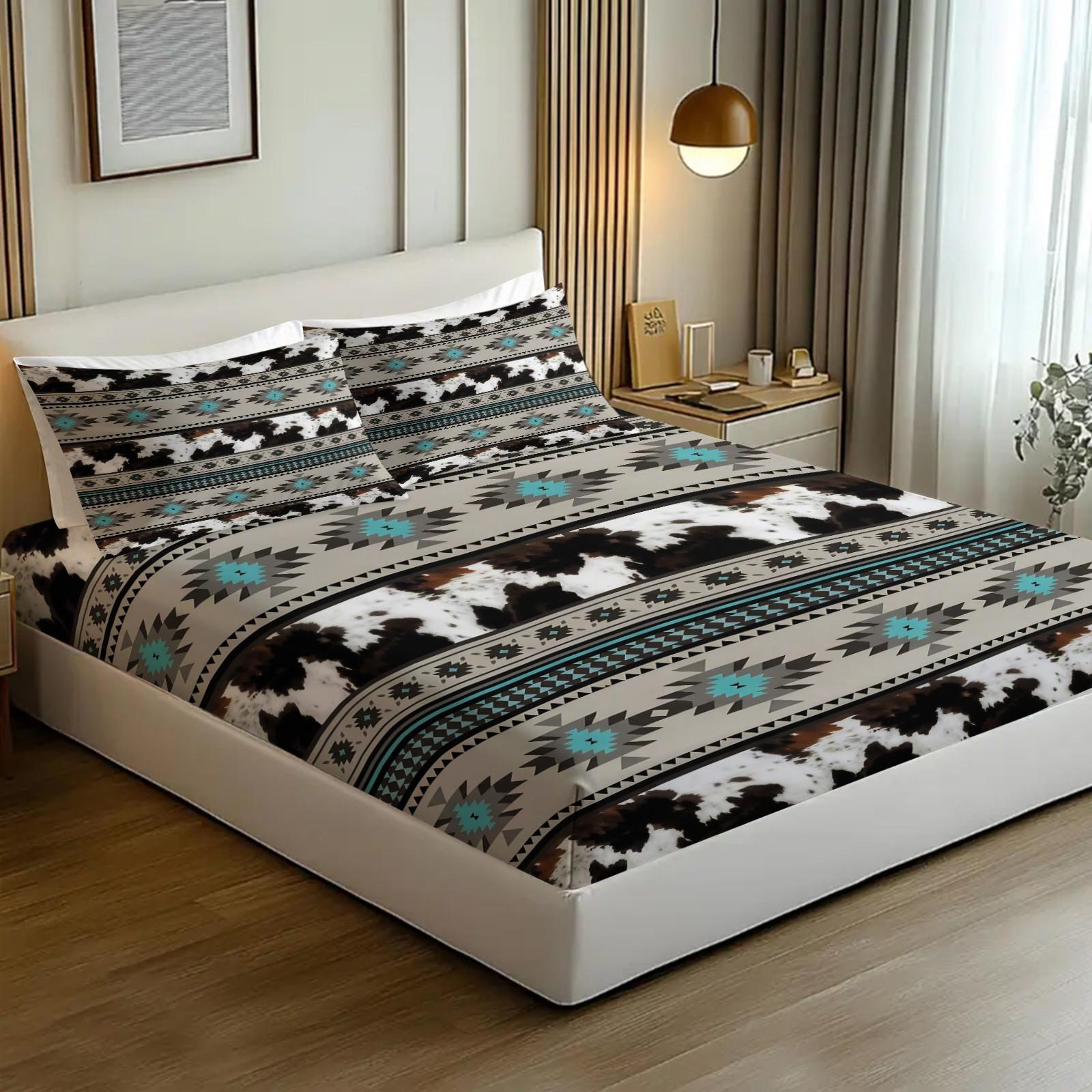 3Pcs Western Aztec Cow Print Fitted Sheet Set with 2 Pillowcases, Southwestern Turquoise Geometric Deep Pocket Elastic Mattress Cover, Boho Cowhide Tribal Bedding, Soft Microfiber Non-slip Bedspread, Printed Bedding Set for Bedroom Decor Bedset