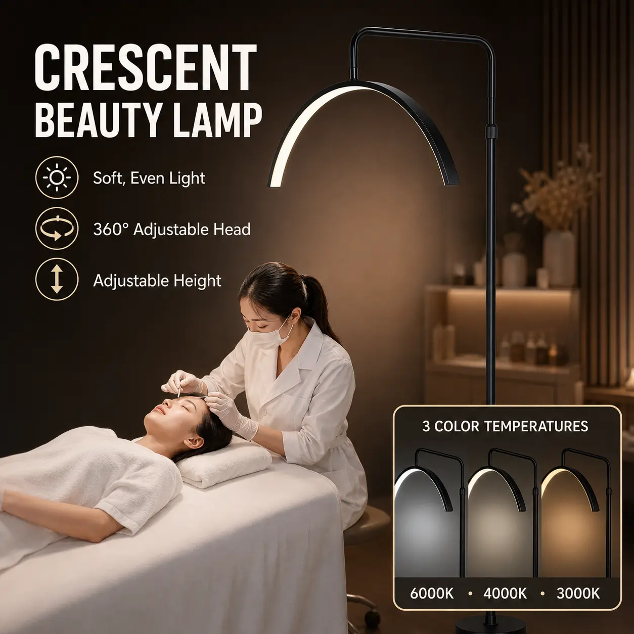 CRESCENT BEAUTY LAMP,For Eyelash Extensions Beauty And Content Creation, Floor Lamp Adjustible Brightness Arched Lash Light For Lash Extension, Skincare, Eyebrows, Tattoo