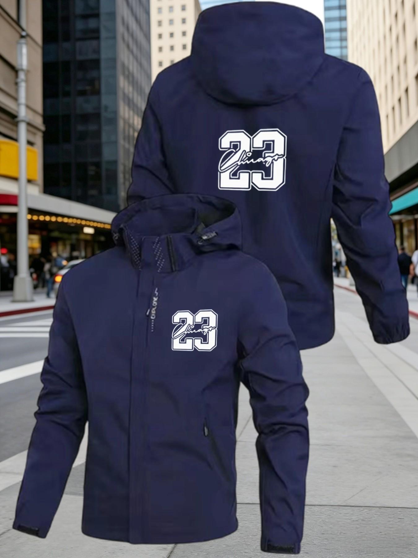 Chicago 23 Number Printed Hooded Jacket for Men, Windproof Waterproof Bomber Coat, Spring & Fall Basketball Outdoor Outerwear