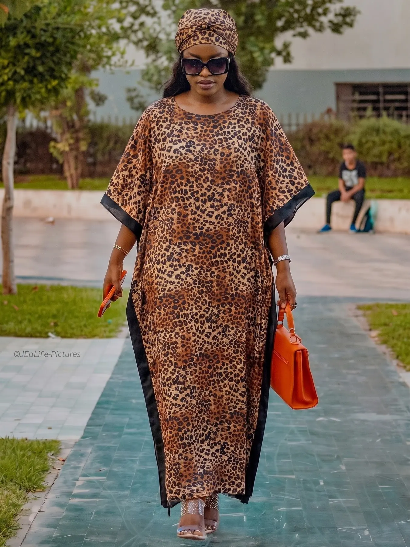 Boho Style Women's Elegant Leopard Print Long Dress Set with Headscarf, Lightweight Kaftan, Suitable for Daily Wear, Beach Vacation and Sun Protection
