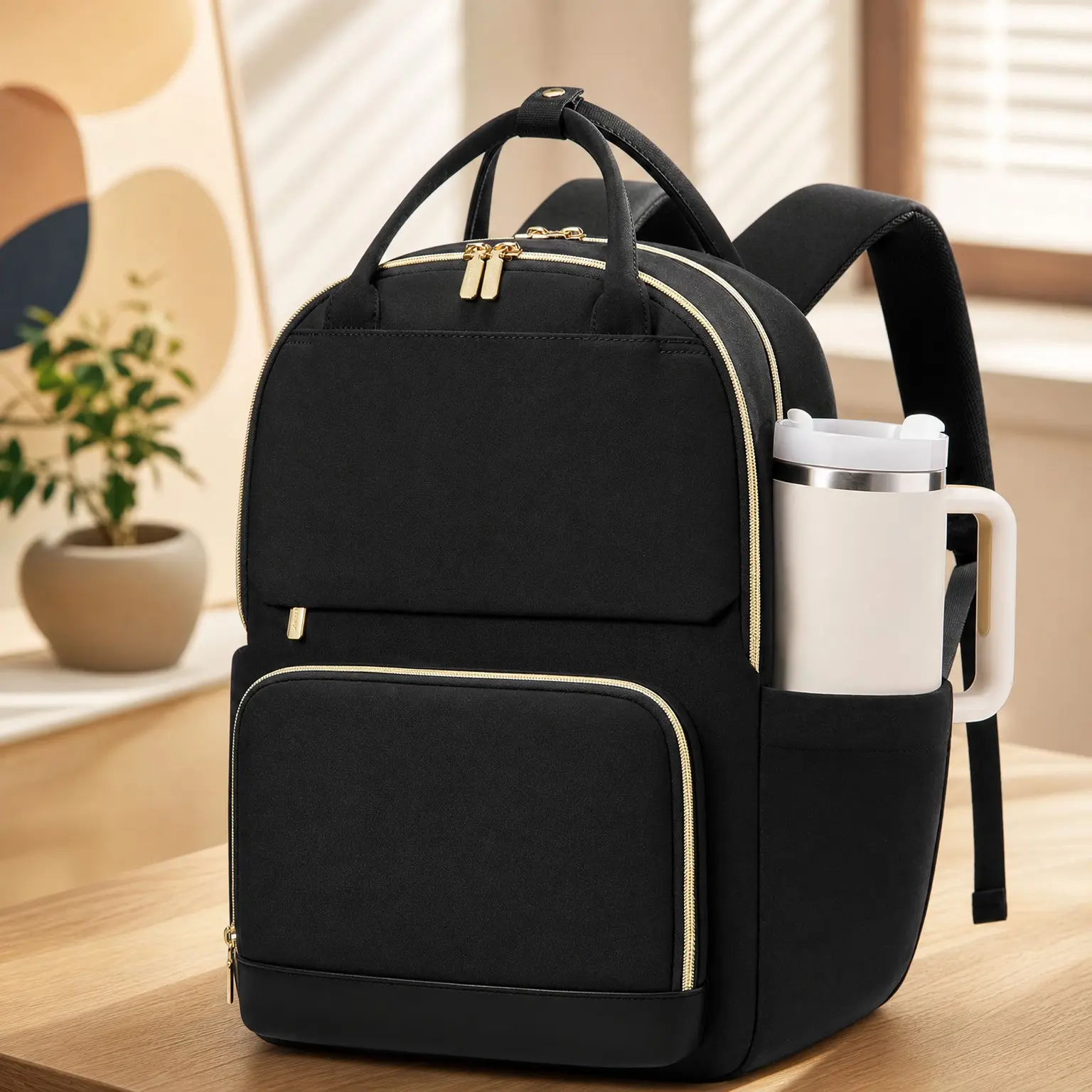 Women's Laptop Backpack with Large Tumbler Holder Pocket, 15.6 Inch Waterproof Travel Work Backpack Purse for Teacher Nurse, College Bookbag Casual Daypack, BlackGift