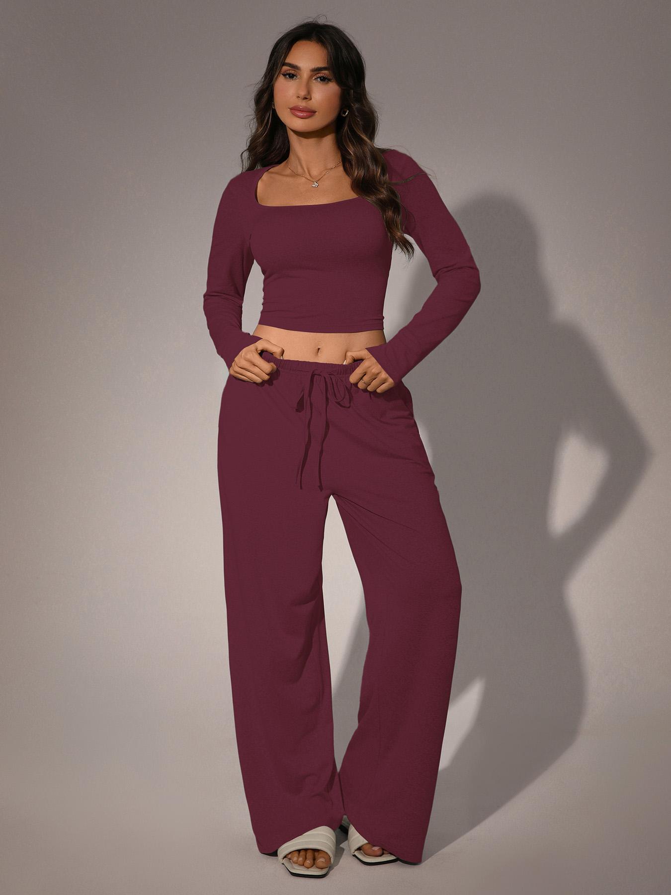 Women's 2 Piece Matching Lounge Set, Fitted Square Neck Long Sleeve Crop Top, High Waisted Wide Leg Drawstring Pants, Casual Sweatsuit