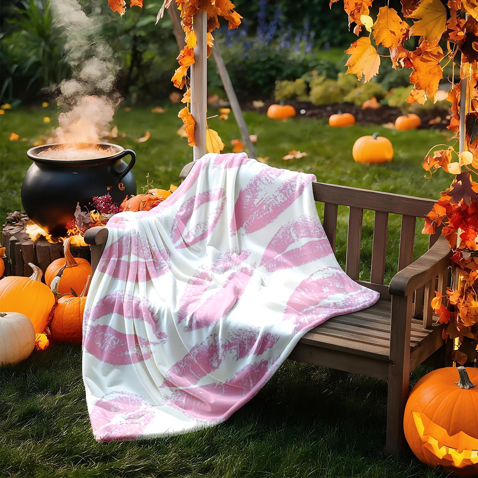 1 piece Pink lipstick mark texture background. themed flannel blanket - Modern-style all-season flannel blanket, soft and comfortable, suitable for sofas and beds, digital print design, 100% polyester material, machine washable, ideal for home