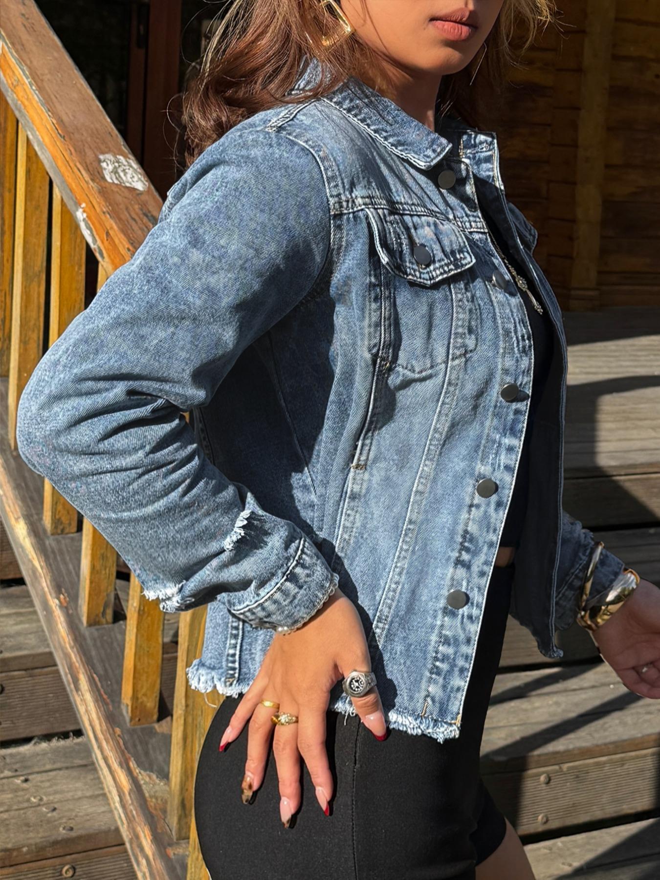 Plus Size Solid Ripped Button Front Collared Denim Jacket, Coats, Casual Long Sleeve Pocket Outerwear for Summer, Women's Clothes, Womenswear for Daily Wear
