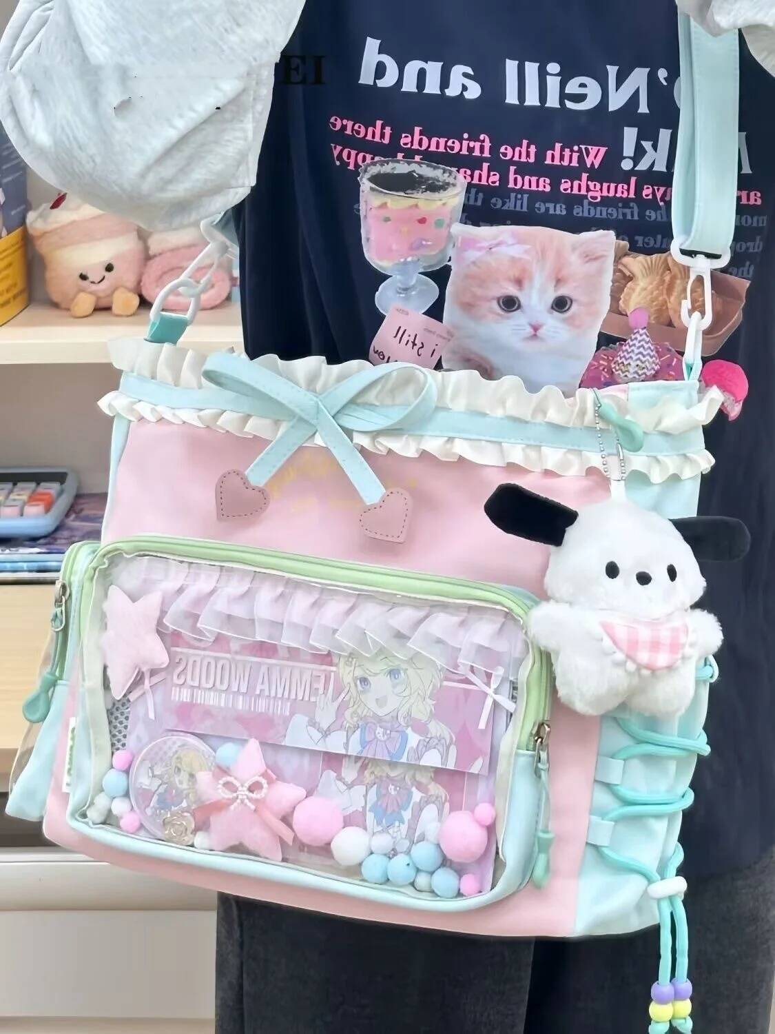New Nylon/Polyester Ita Bag for Lolita Girls - Transparent Large-Capacity Shoulder Tote, Crossbody, DIY Display Casual Handbag