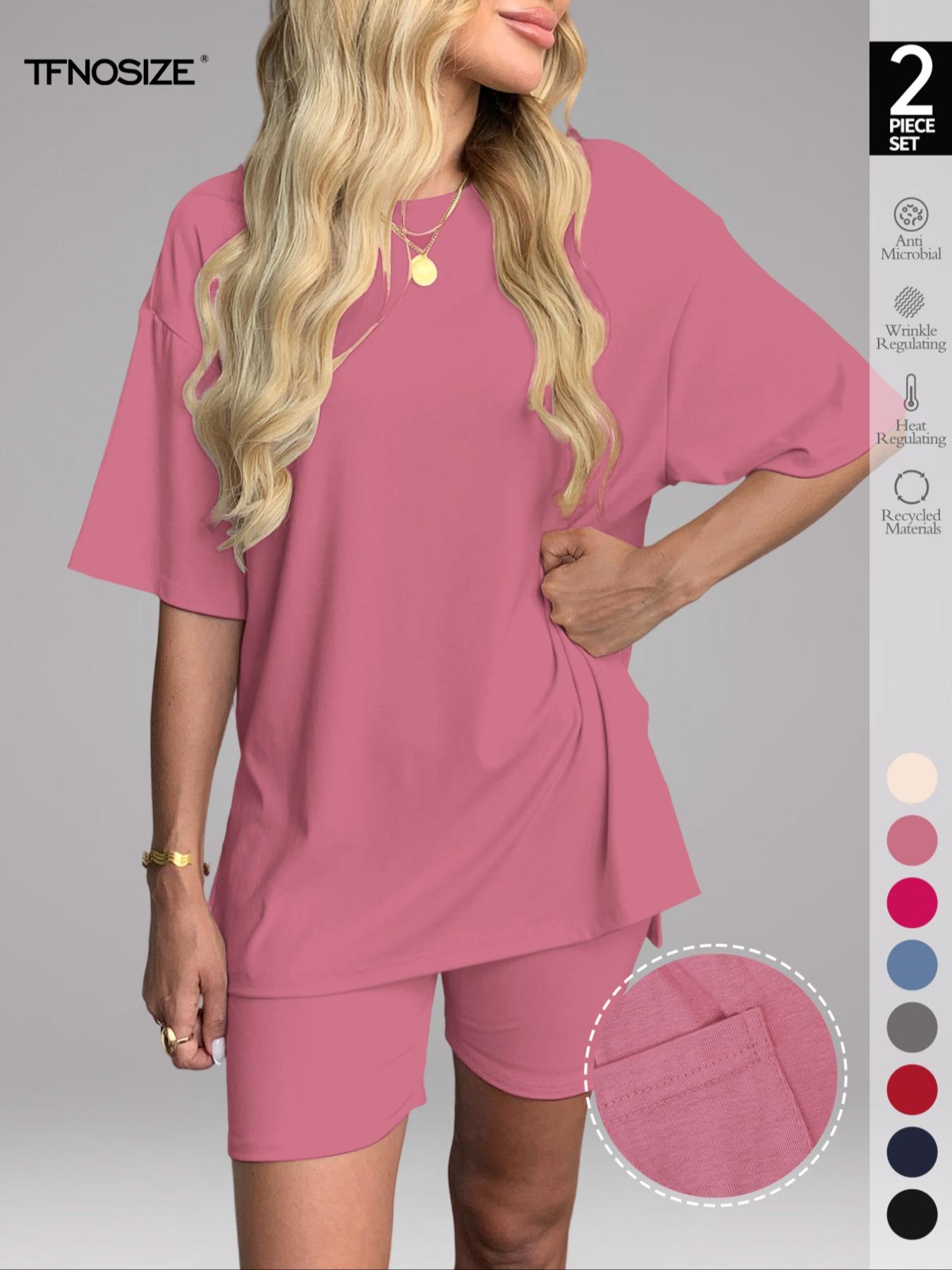 Women's Solid Color Tee & Skinny Shorts Loungewear Set, Fashion Casual Comfy Round Neck T-shirt & Shorts PJ Set, Ladies Sleepwear for Summer, Pajama, Soft Lounge Sets, comfyessentials, giftideas,summersale,pjs,nightwear,sleepwearfashion