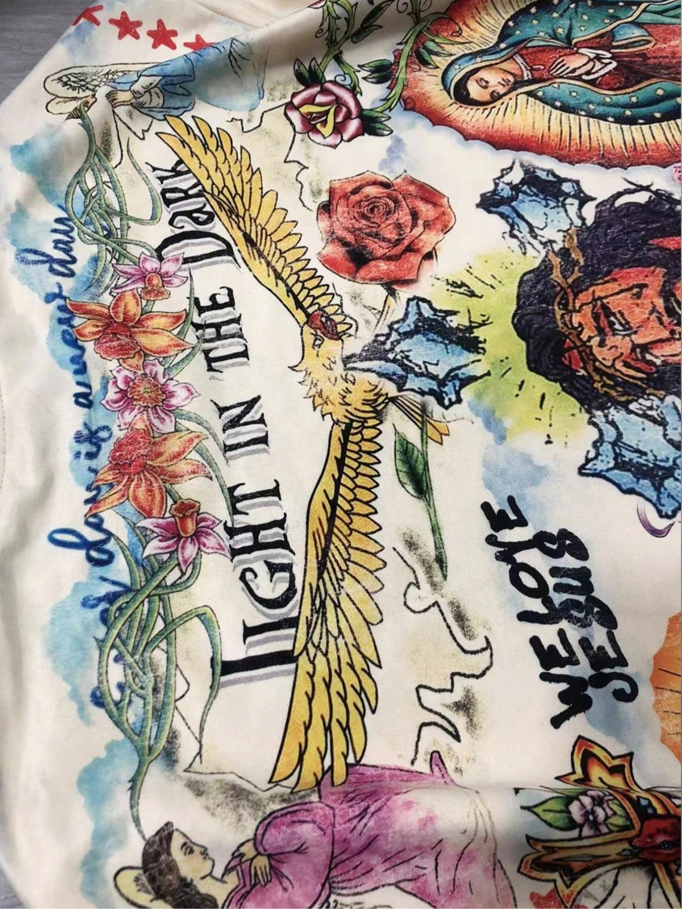 Men's Vintage Street Style Saint Print Long Sleeve Round Neck T-Shirt, Casual Fit Streetwear, Loose-Fitting Short Top for Fall, 2000s Fashion