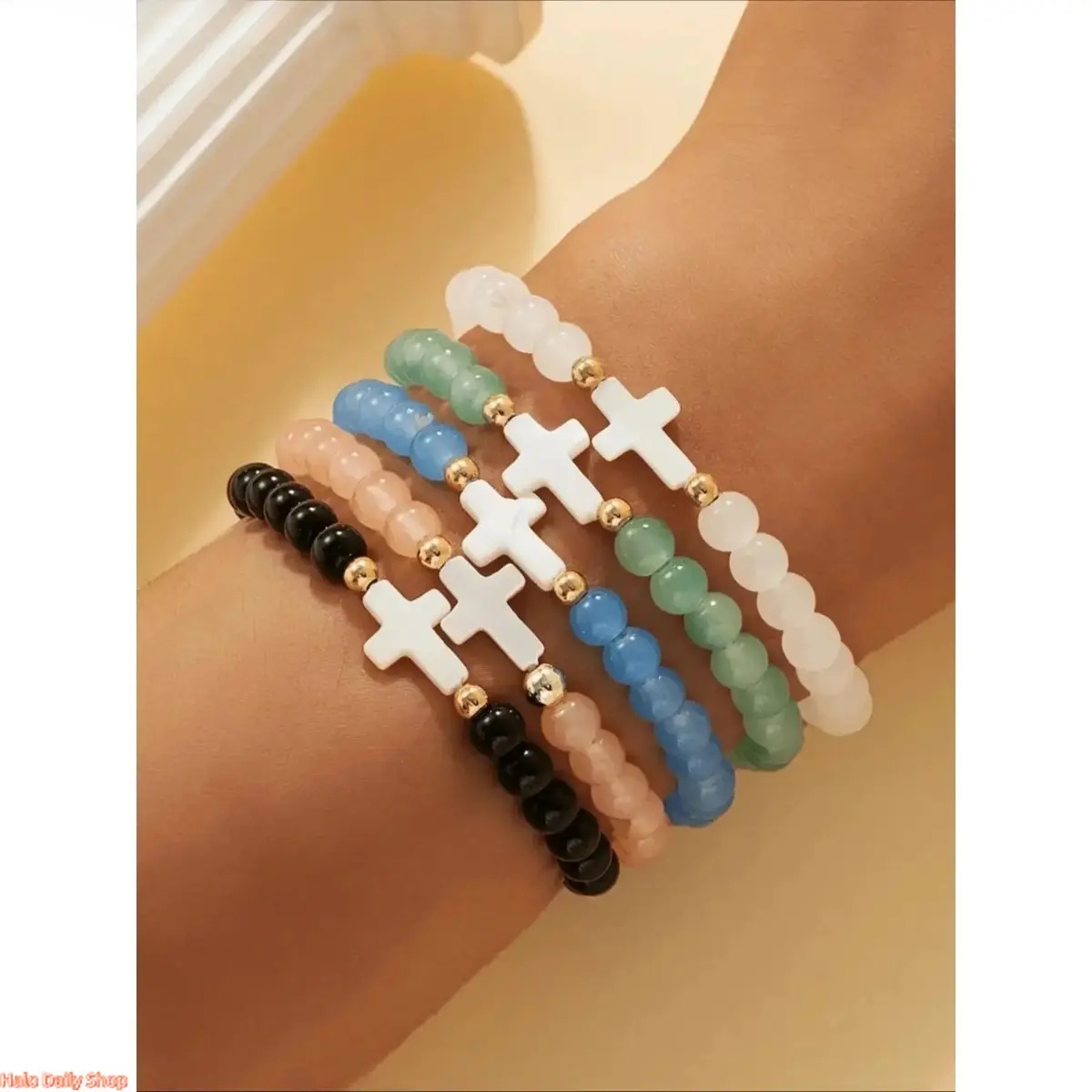 Women's 5-Pack Layered Stackable Glass Shell Mix Bead & Shell Bangles with Cross Pendant - Waterproof Chunky Costume Jewelry Bracelets, Daily Wear & Party Accessories