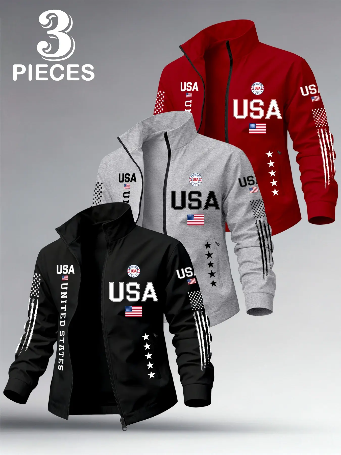 Men's Usa Flag Print Lapel Jacket, Spring Fall Lightweight Zipper Open Front, Daily Sporty Casual Comfortable Outerwear, 1+3 Pieces Set
