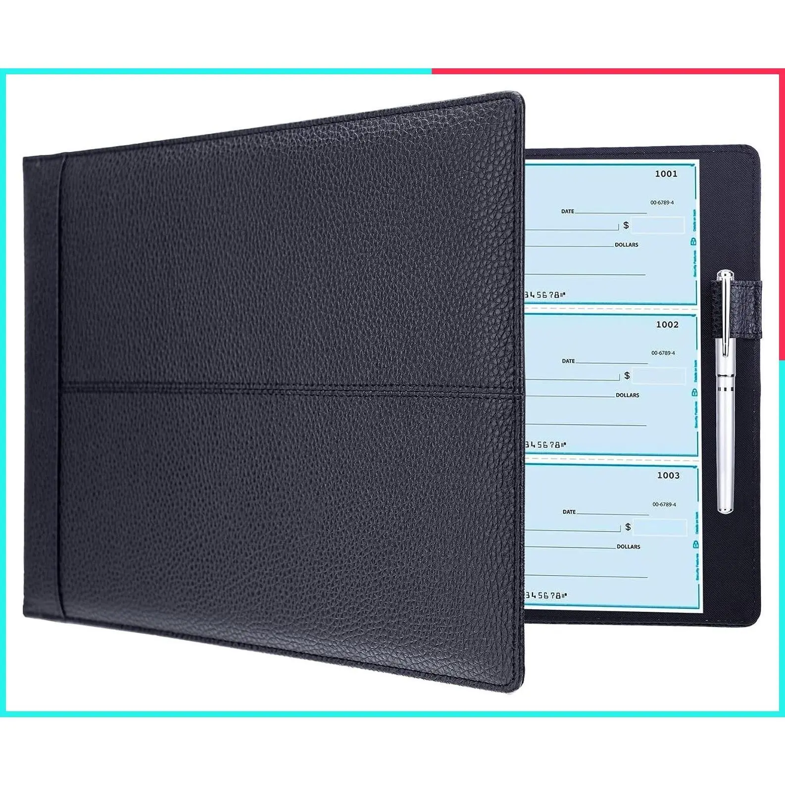 7-Ring Business Checkbook Binder with Zipper Pouch, PU Leather Cover, Holds 600 Checks, Executive Organizer Portfolio for 9x13 Inch Sheets, Black