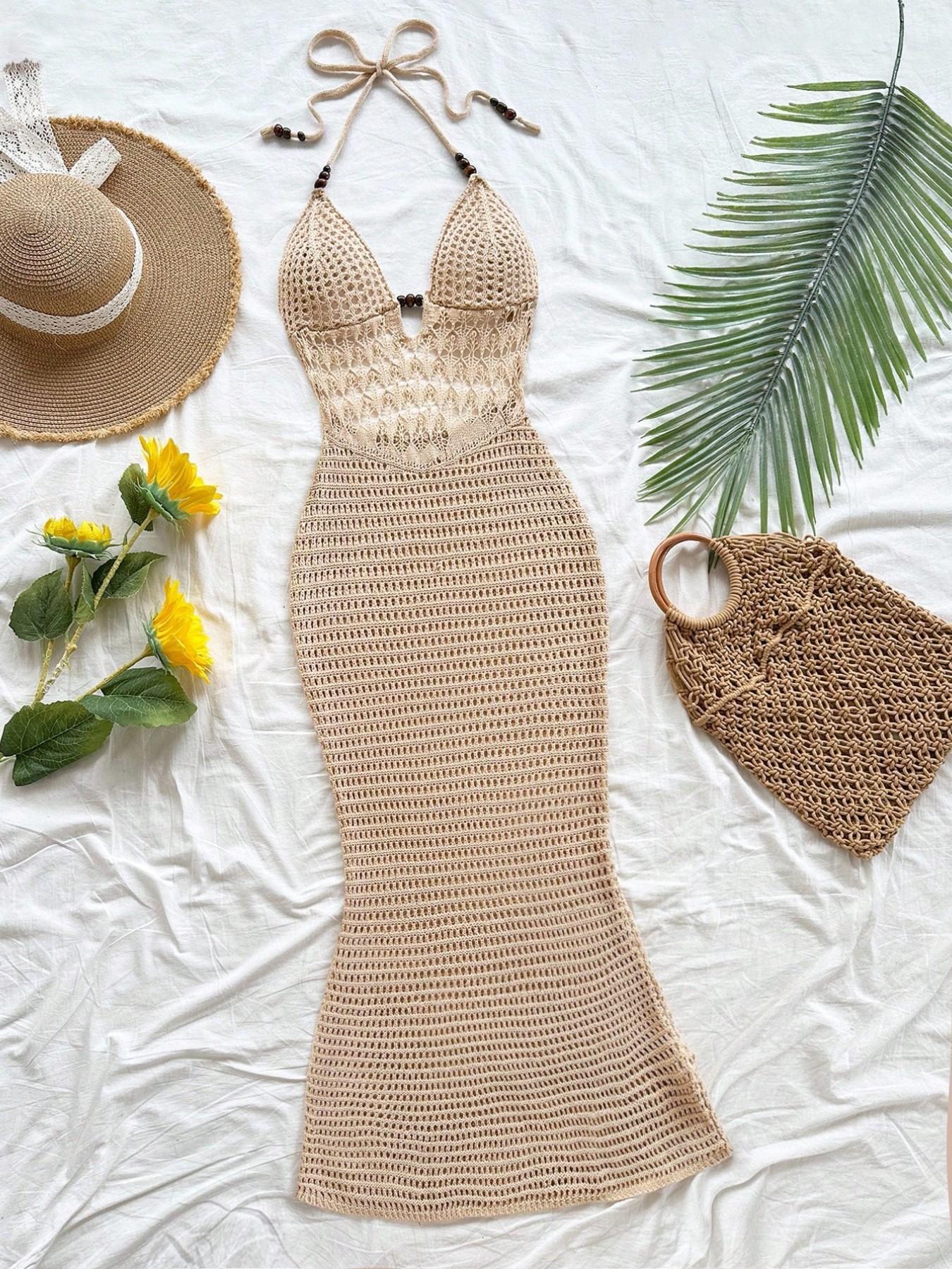 Women's Halter Knit Dress, Boho Style Lace Up Beach Cover-Up, Summer Vacation, Casual & Comfortable Design