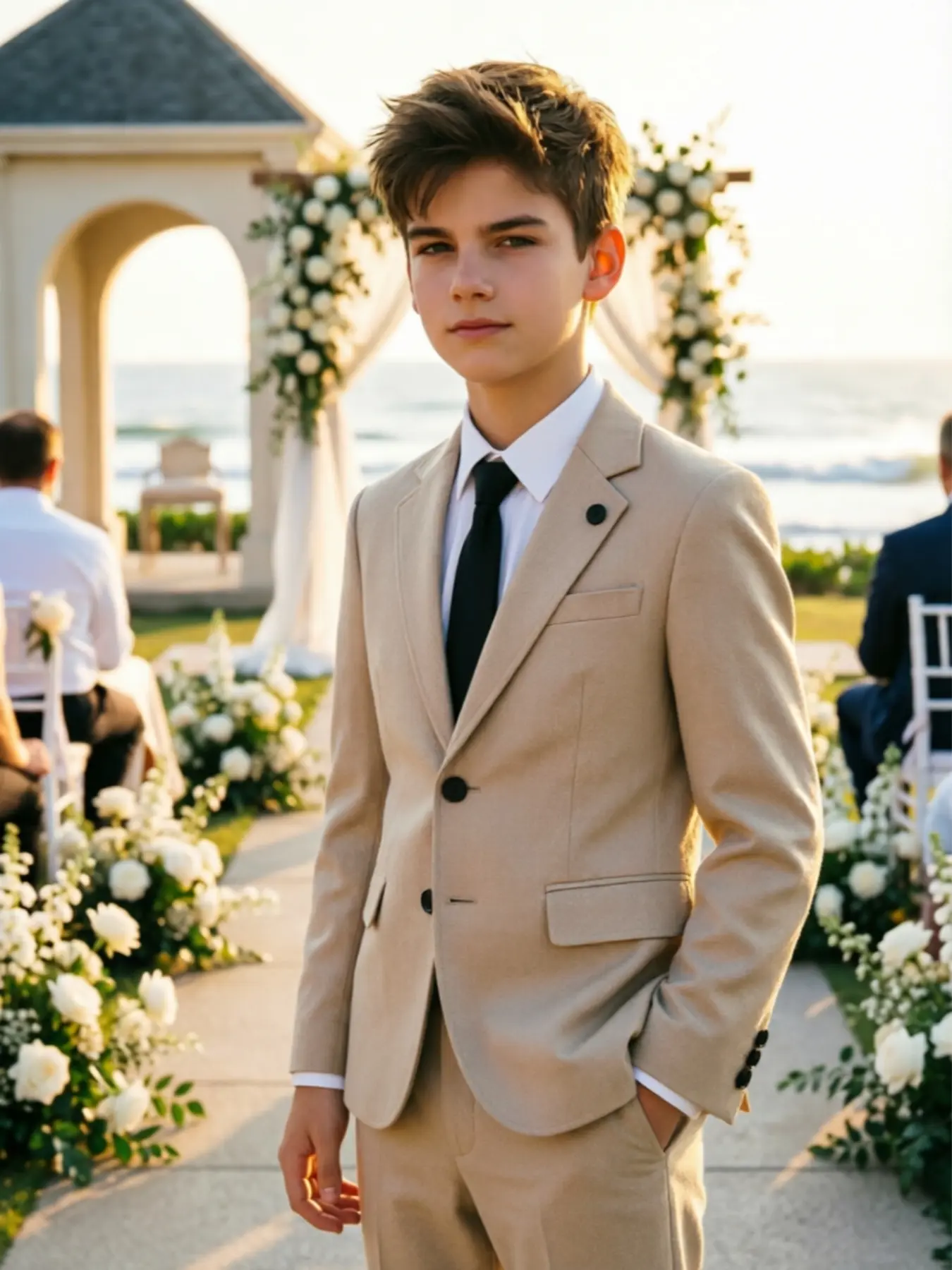 Teen Boys Beige Slim Fit Suit 2 Piece Blazer Pants Set Fall Wedding Formal Junior Groomsman Birthday Party Outfit Breathable Boys Dress Clothes Classic Trend