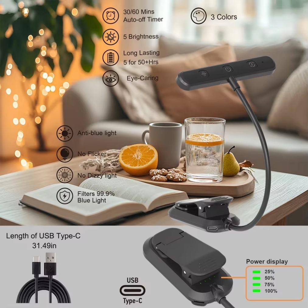 Modern LED Book Light, Mini Creative Clip-On Lamp, Adjustable Metal Hose, Portable Nightlight for Bedroom Study Room