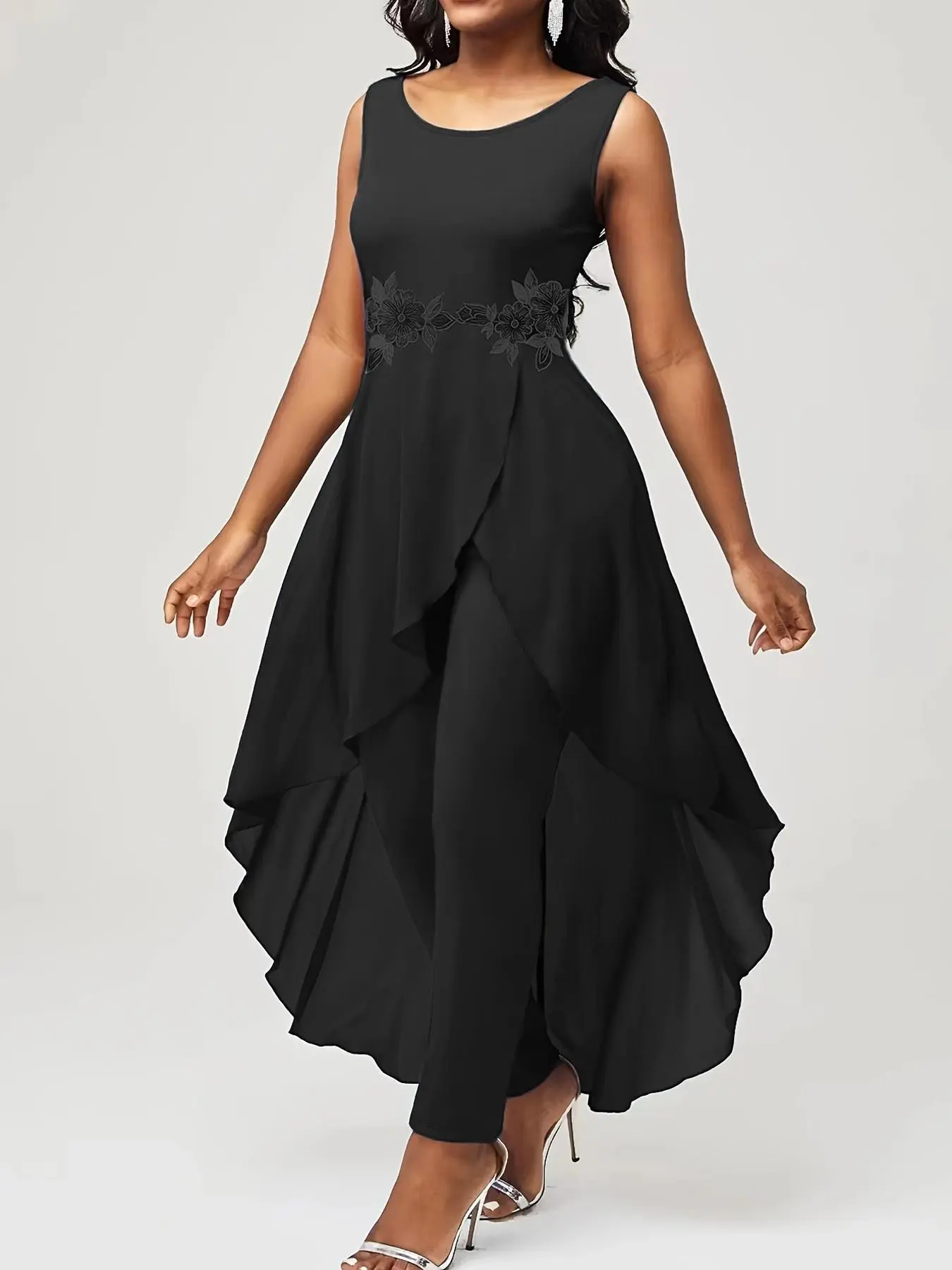 Lace Patchwork Two-Piece Women's Jumpsuit, Elegant Slim-Fit High-Waist Sleeveless A-Line, Fall Winter Party for Ladies