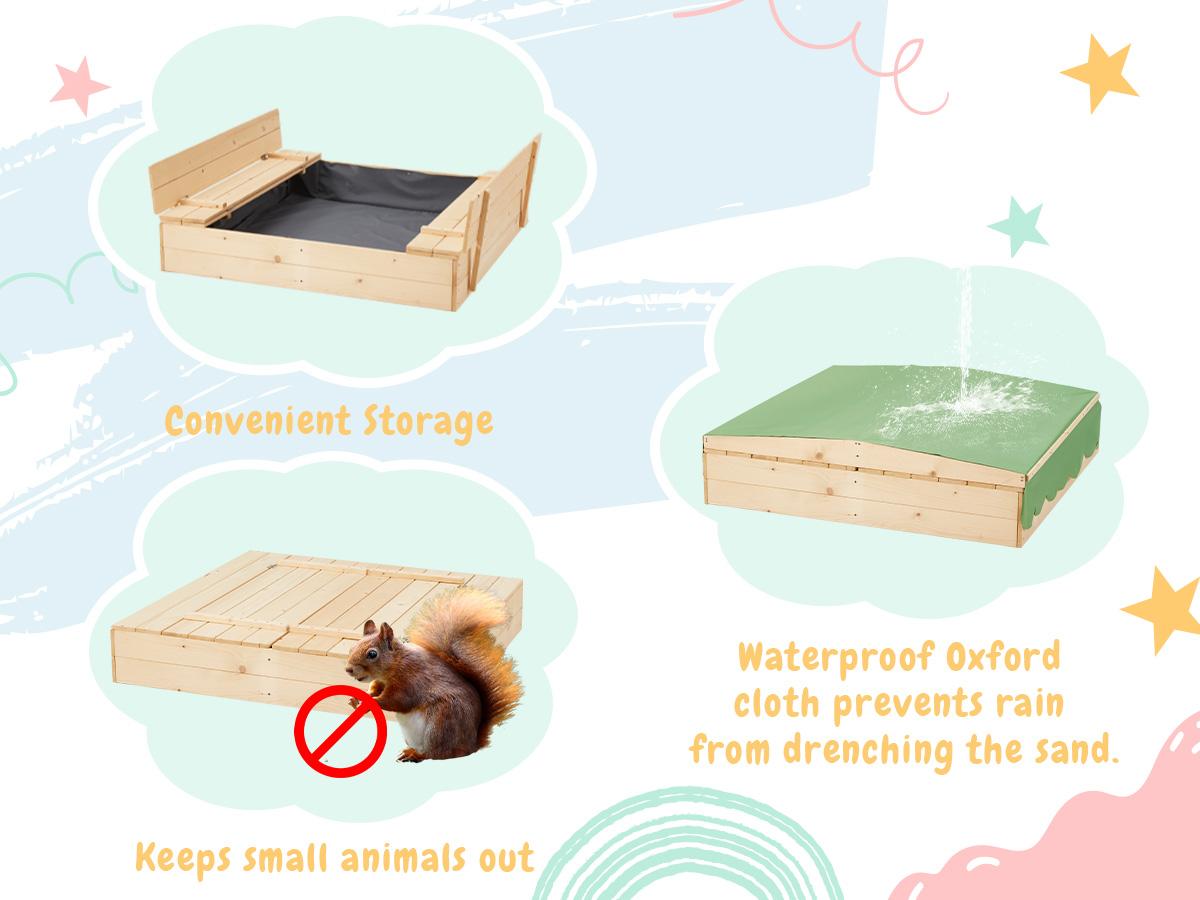 Sandbox with Lid, Kids Sandbox with Cover and Height Adjustable Roof, Outdoor Sandbox with Foldable Bench Seats and Sand Protection Liner for Aged 3-8, Perfect for Backyard Fun , Beach, Lawn Wooden Playtime