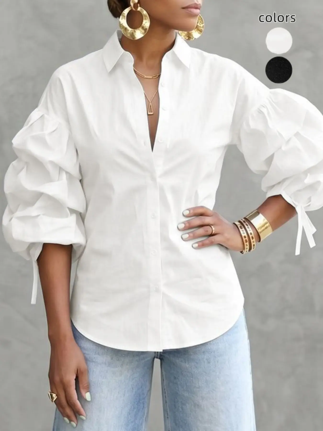 Loose Fit Bubble Sleeve Solid Color Tie Front Collar Shirt Top, Stylish Casual Wear, Perfect for Daily, Comfortable and Trendy Design