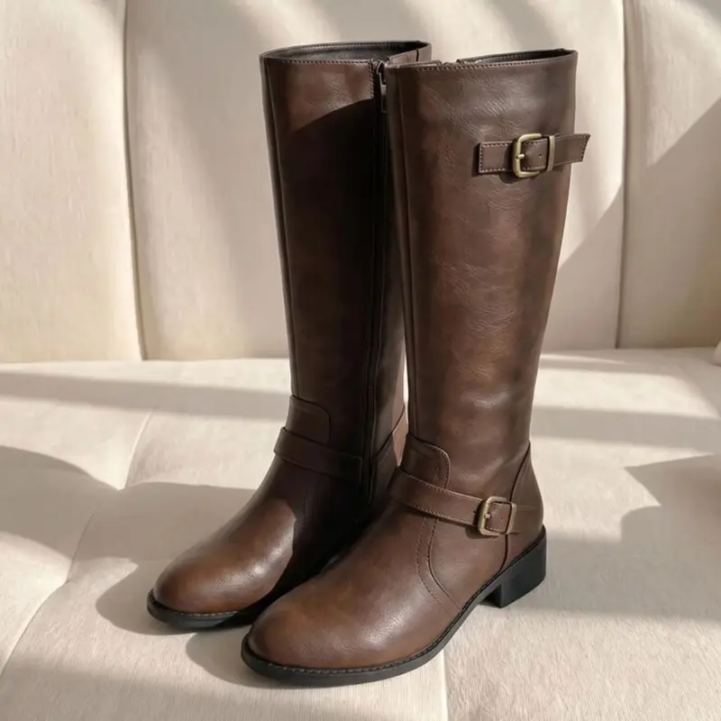 Women's Retro Western Cross Strap Tall Boots, Soft PU Leather, Adjustable Back Tie, Knee-High, Anti-Slip Rubber, Fall Fashion, Casual & Commute