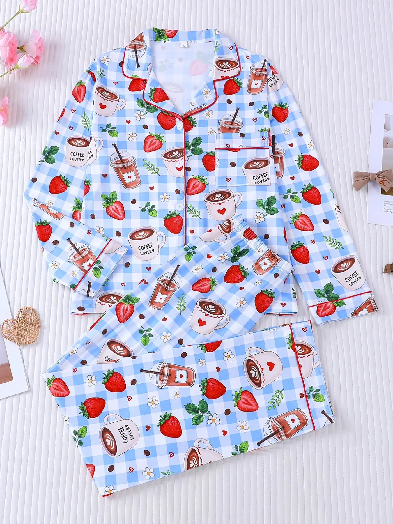 Women's 2-Piece Pajama Set, blue-white gingham with all‑over strawberry & coffee cup print, fresh sweet vibe. Red contrast trim, long sleeve lapel top with pocket, elastic waist long pants, soft loungewear for all seasons Pjs