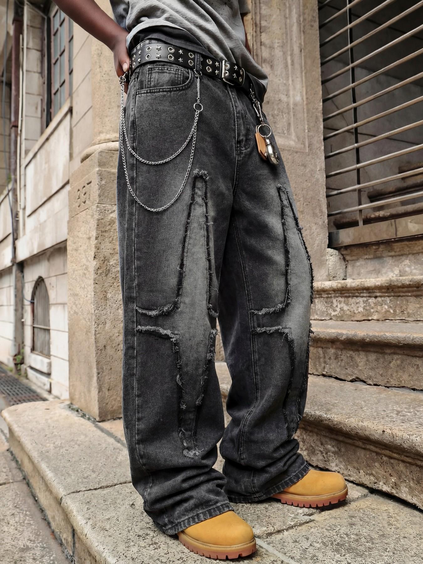 Black and gray loose straight-leg wide-leg jeans, decorated with cross-shaped frayed patches, paired with an overall faded and vintage finish, trendy street-style washed and vintage Y2K denim pants