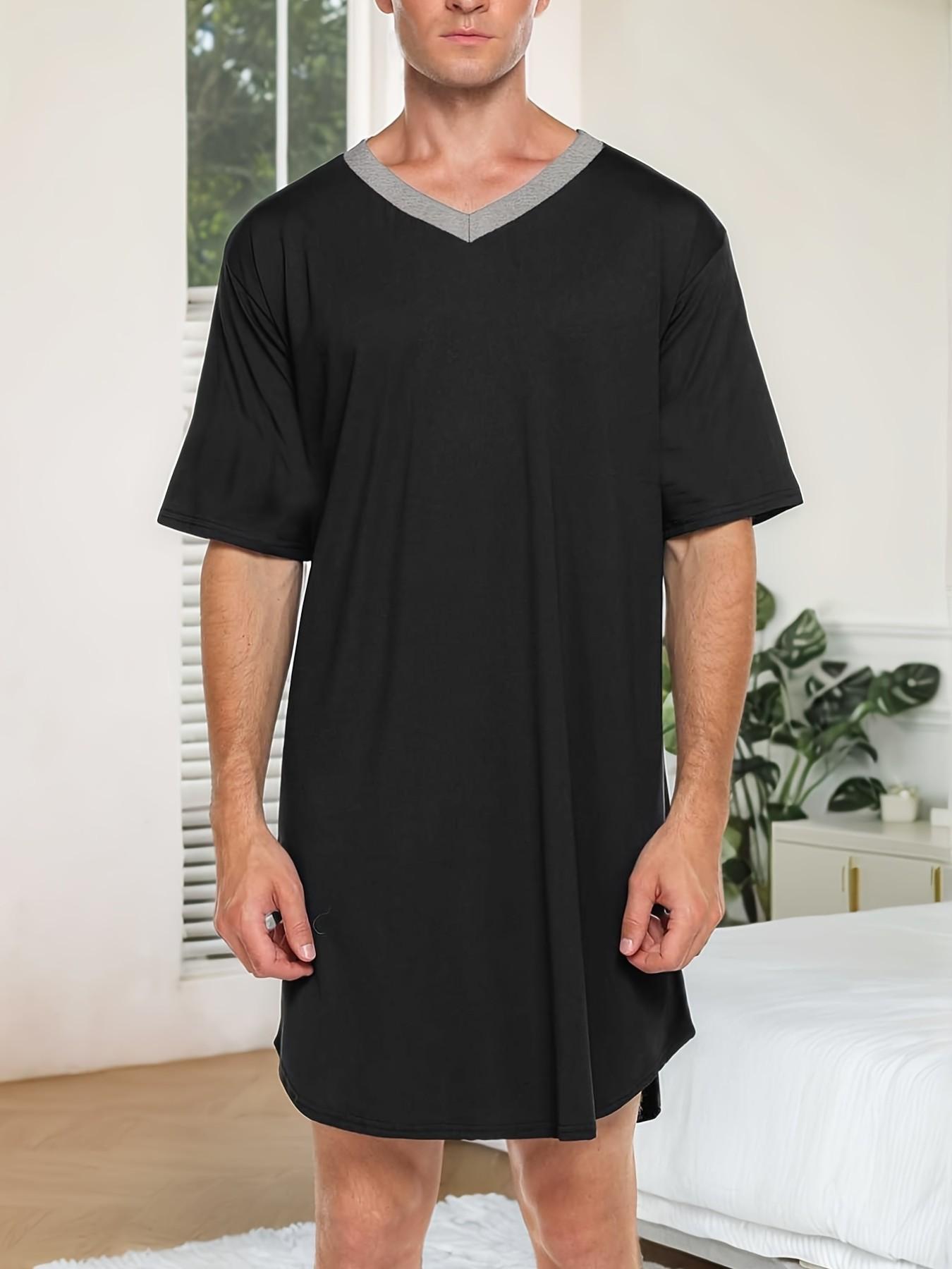 Men's Summer Lightweight Short Sleeve Sleepwear, Casual Loose Fit V-Neck One-Piece Pajamas, Comfortable Home Wear for Men, Night Sleepwear