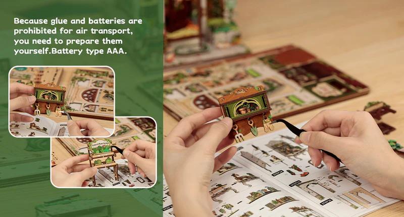 CUTEBEE DIY Book Nook Kit Green Life Bookshop – Wooden Miniature Bookstore Scene with LED Light | Handmade 3D Dollhouse Decor, Holiday and Christmas Gift for Adults