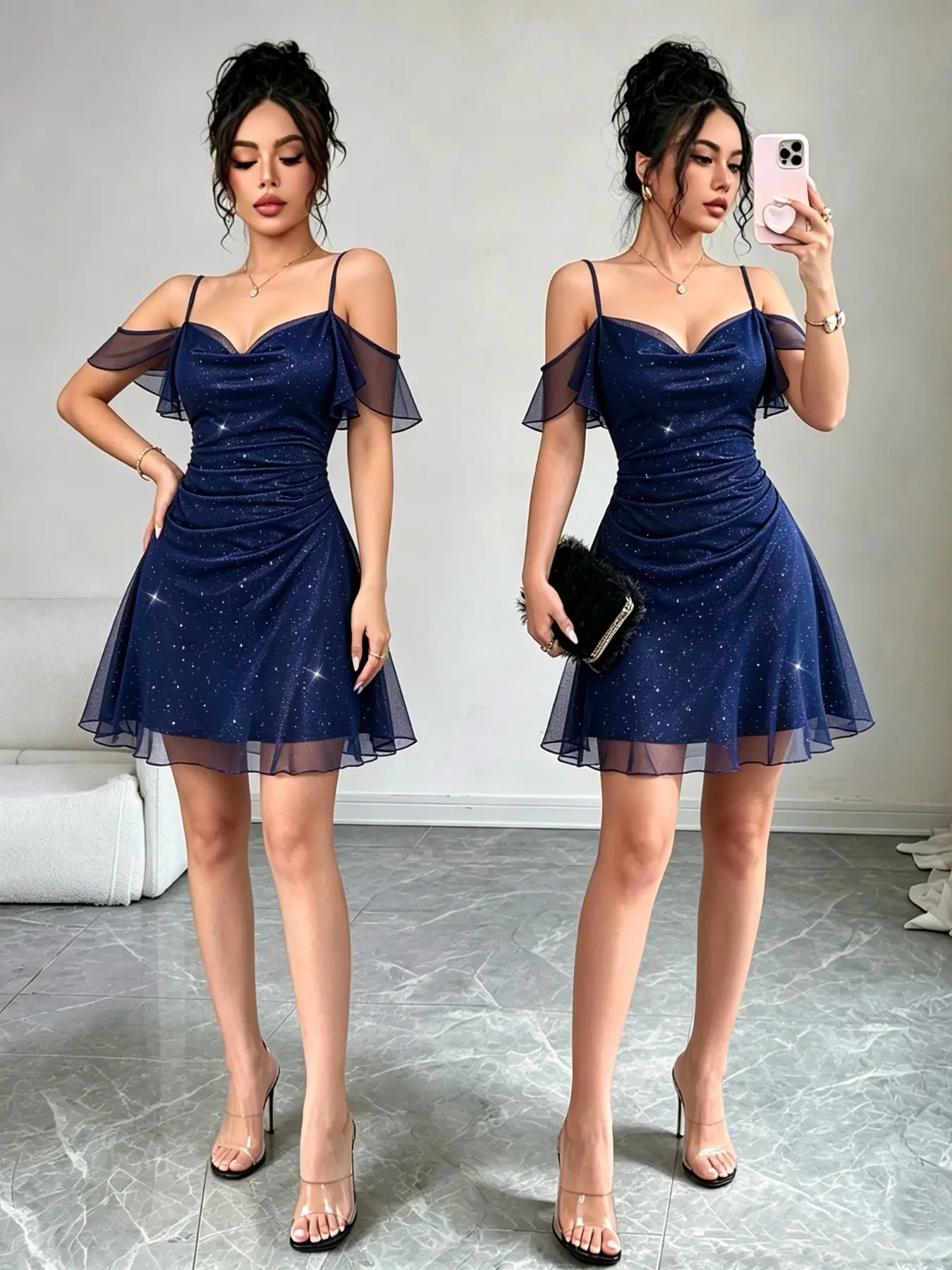 Fall Winter Women's Cami Mini Dress, Navy Blue / Burgundy Sparkle Mesh Fabric, Cowl Neck Flutter Sleeve, Ruched Waist, Figure-Flattering & Tummy-Covering, Versatile Mini Dress for Date, Festival, Vacation, Daily Wear and Party
