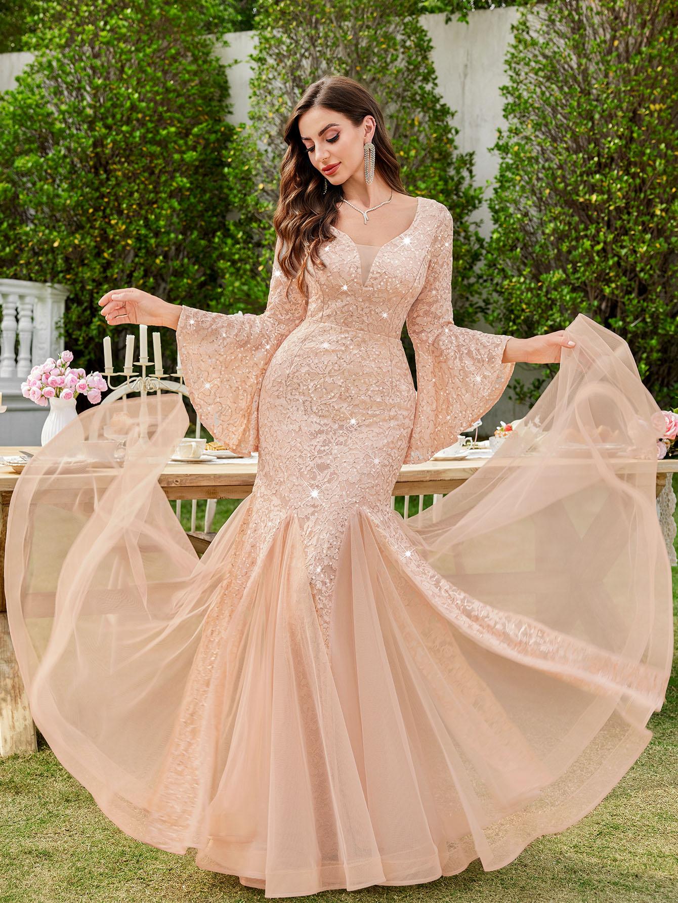 MIUSOL 24351A Women's Deep Vneck Sequin Lace Mesh Tulle Hem Long Sleeve  Formal Evening Maxi Dress for Cocktail Parties & Banquets, Party, Festival Womenswear